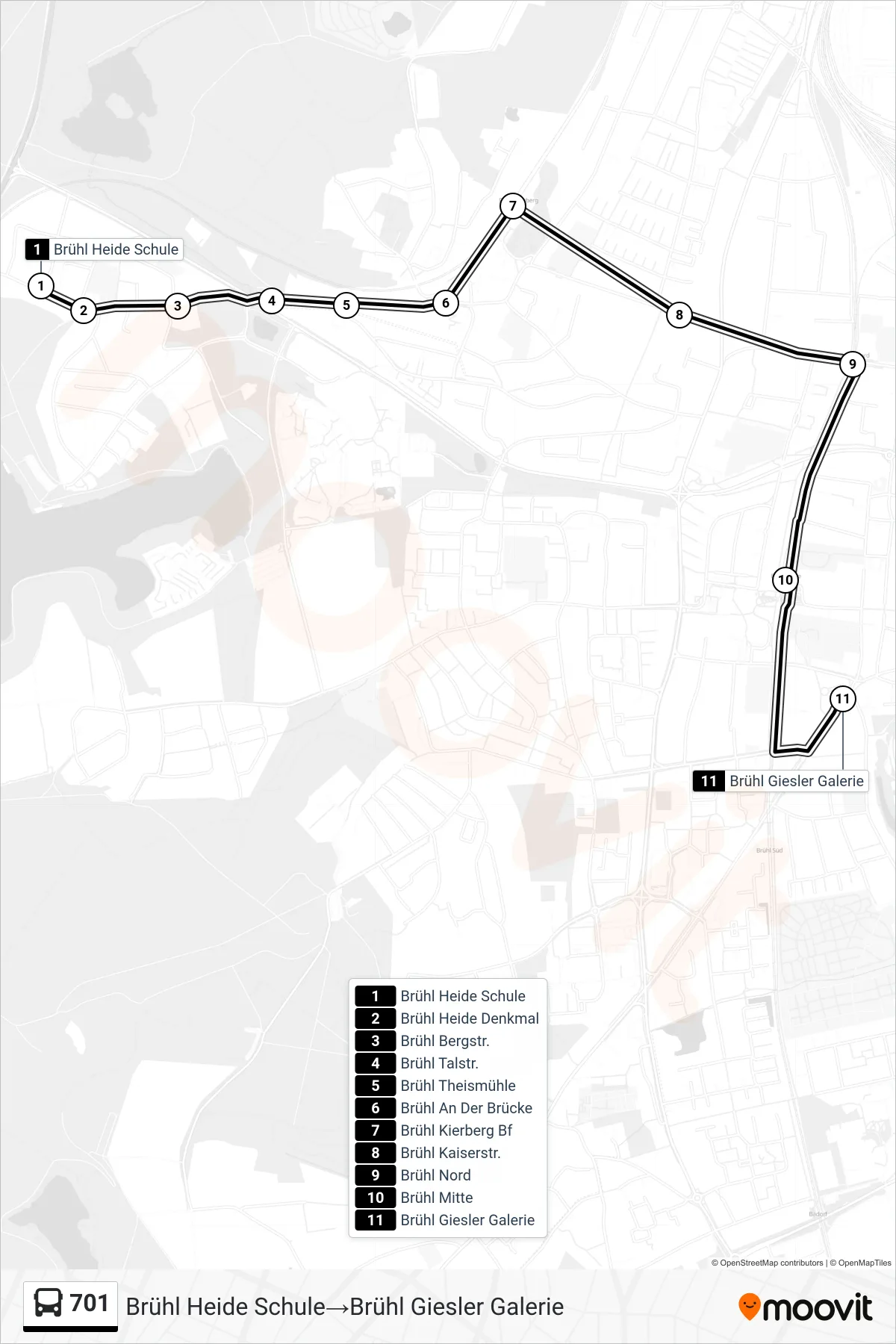 Linie 701 (Bus) Richtung Brühl Heide Schule→Brühl Giesler Galerie: Route und Haltestellen auf der Karte