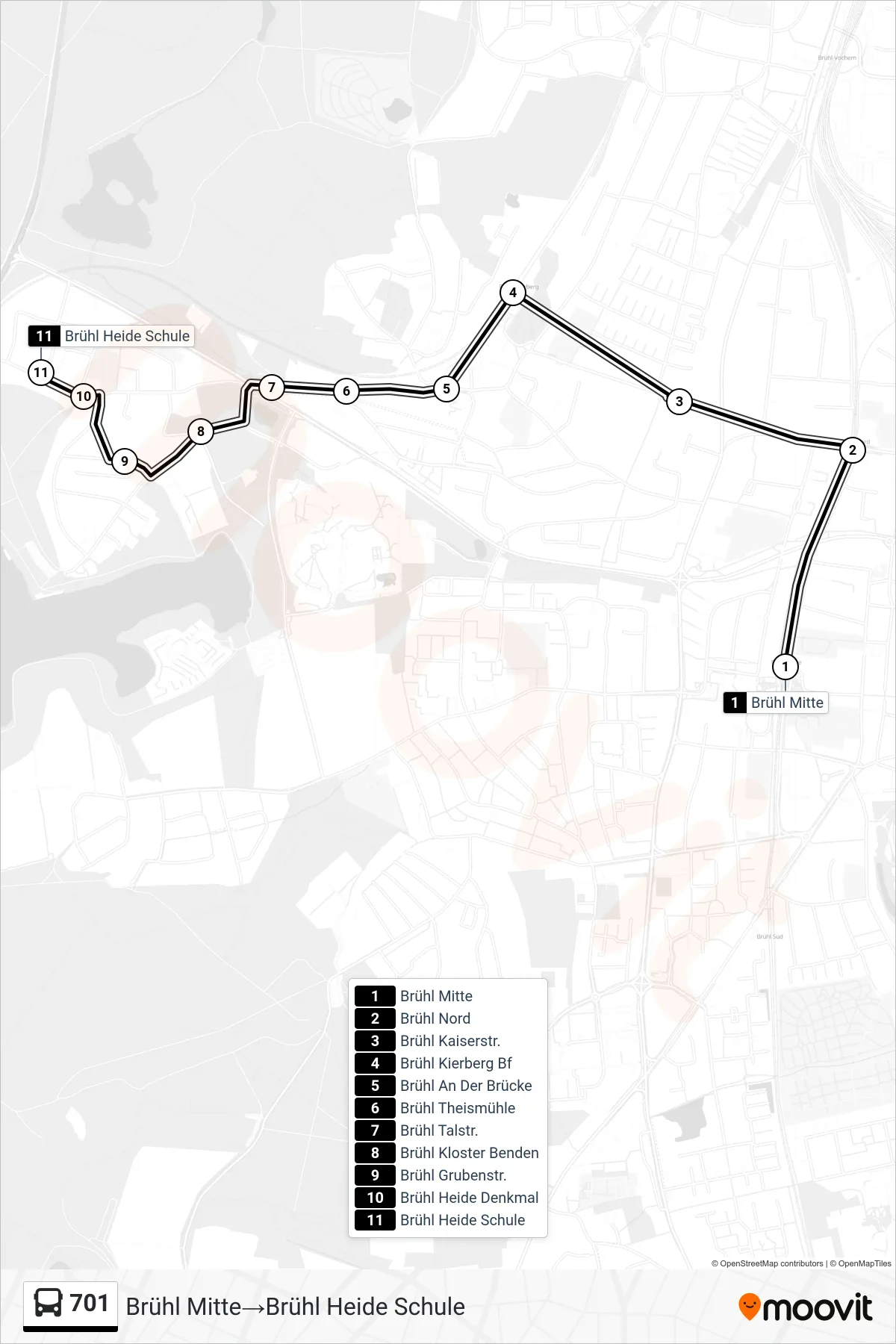 701 bus Line (Brühl Mitte→Brühl Heide Schule) route and stops on a map