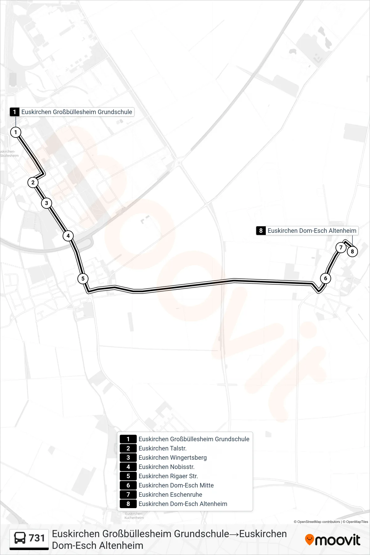 Linie 731 (Bus) Richtung Euskirchen Großbüllesheim Grundschule‎→Euskirchen Dom-Esch Altenheim: Route und Haltestellen auf der Karte