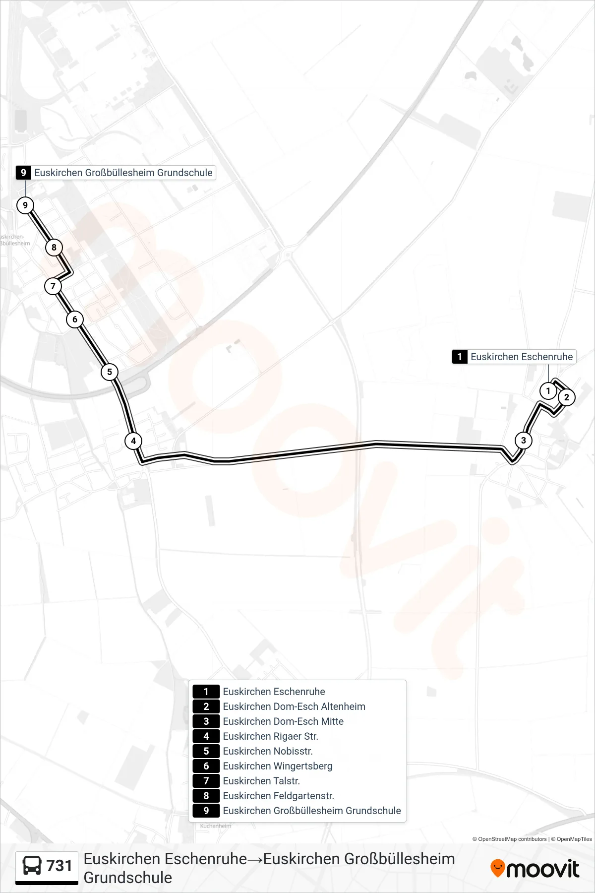 Linie 731 (Bus) Richtung Euskirchen Eschenruhe→Euskirchen Großbüllesheim Grundschule: Route und Haltestellen auf der Karte