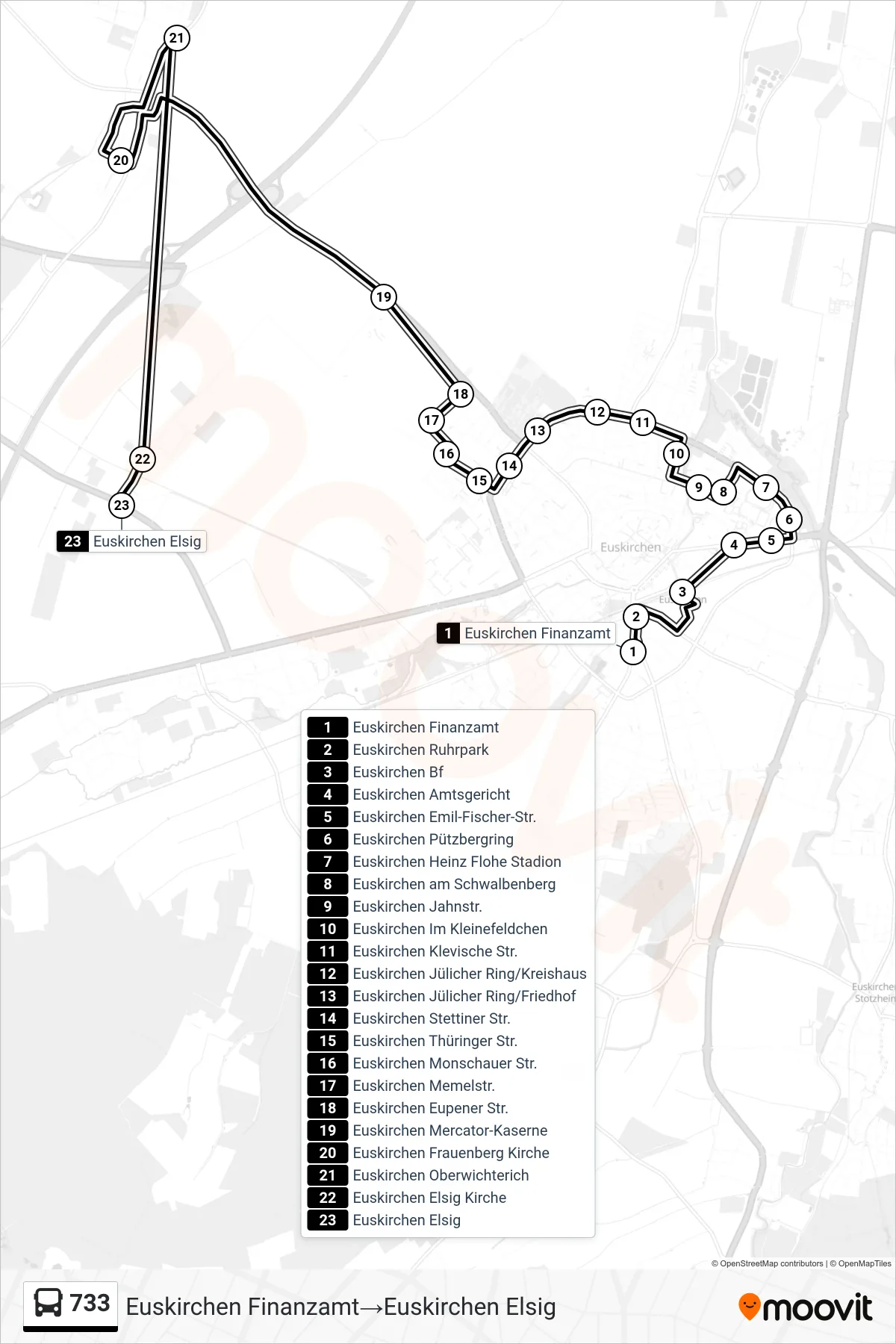 Linie 733 (Bus) Richtung Euskirchen Finanzamt‎→Euskirchen Elsig: Route und Haltestellen auf der Karte