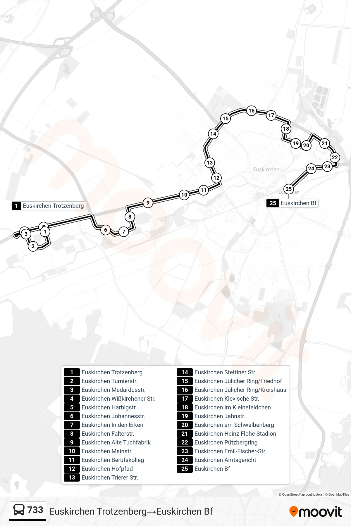 733 bus Line (Euskirchen Trotzenberg→Euskirchen Bf) route and stops on a map