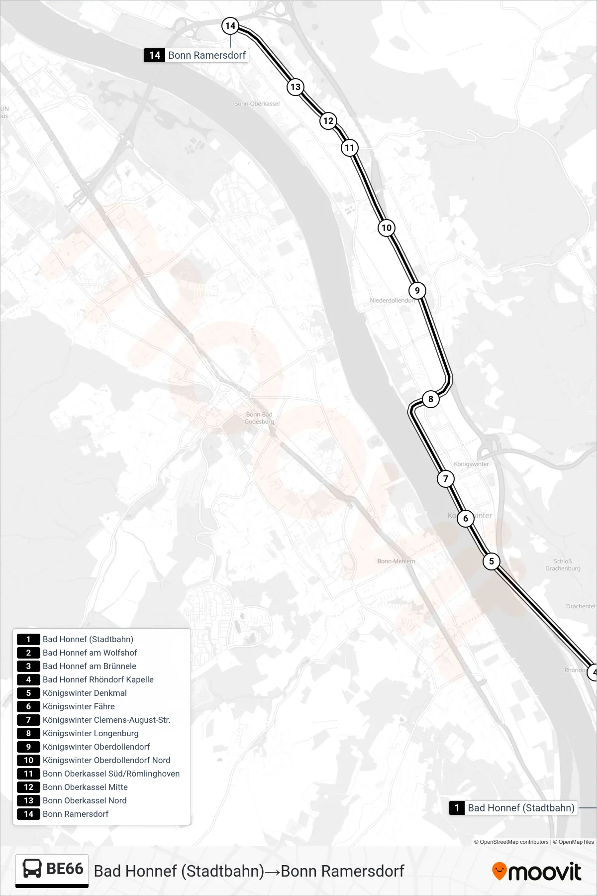 Linie BE66 (Bus) Richtung Bad Honnef (Stadtbahn)→Bonn Ramersdorf: Route und Haltestellen auf der Karte