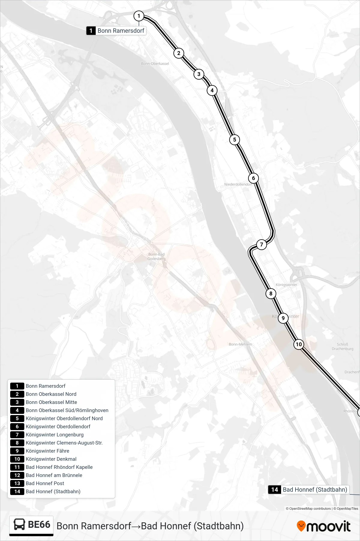 Linie BE66 (Bus) Richtung Bonn Ramersdorf→Bad Honnef (Stadtbahn): Route und Haltestellen auf der Karte