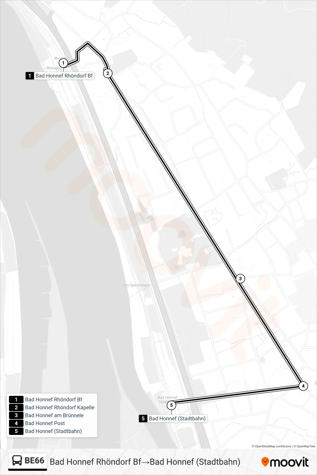 Linie BE66 (Bus) Richtung Bad Honnef Rhöndorf Bf→Bad Honnef (Stadtbahn): Route und Haltestellen auf der Karte
