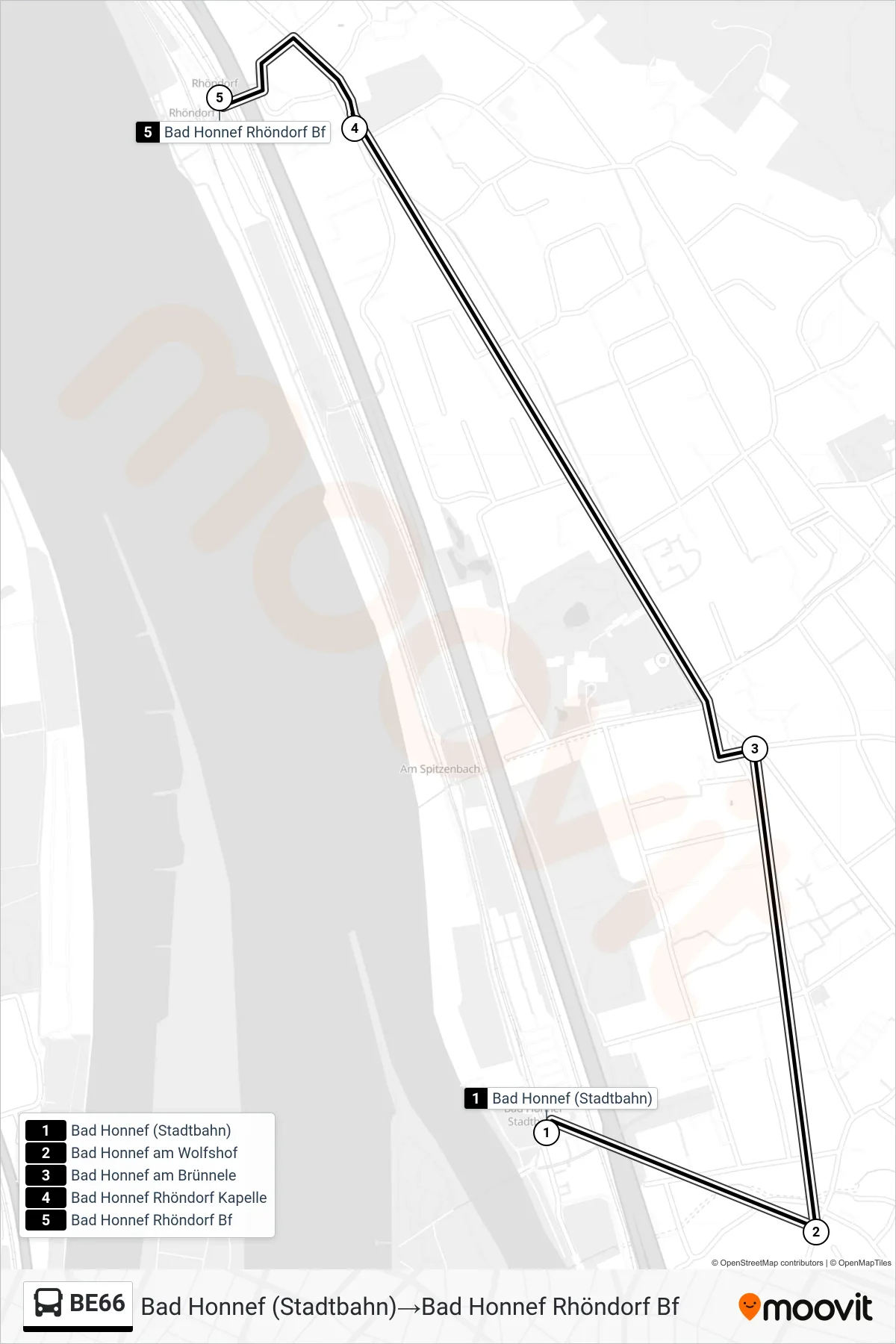 Linie BE66 (Bus) Richtung Bad Honnef (Stadtbahn)‎→Bad Honnef Rhöndorf Bf: Route und Haltestellen auf der Karte