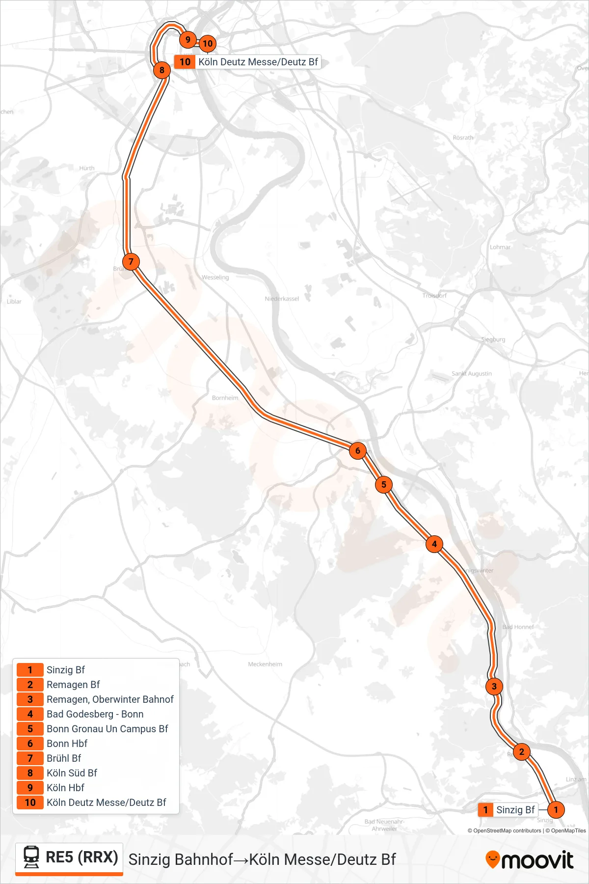 RE5 (RRX) train Line (Sinzig Bahnhof→Köln Messe/Deutz Bf) route and stops on a map