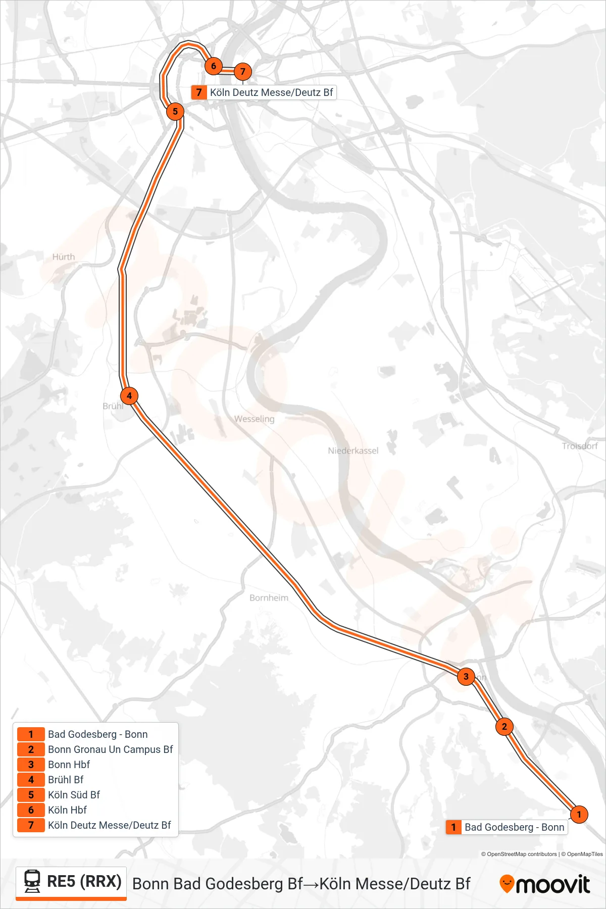 RE5 (RRX) train Line (Bonn Bad Godesberg Bf→Köln Messe/Deutz Bf) route and stops on a map