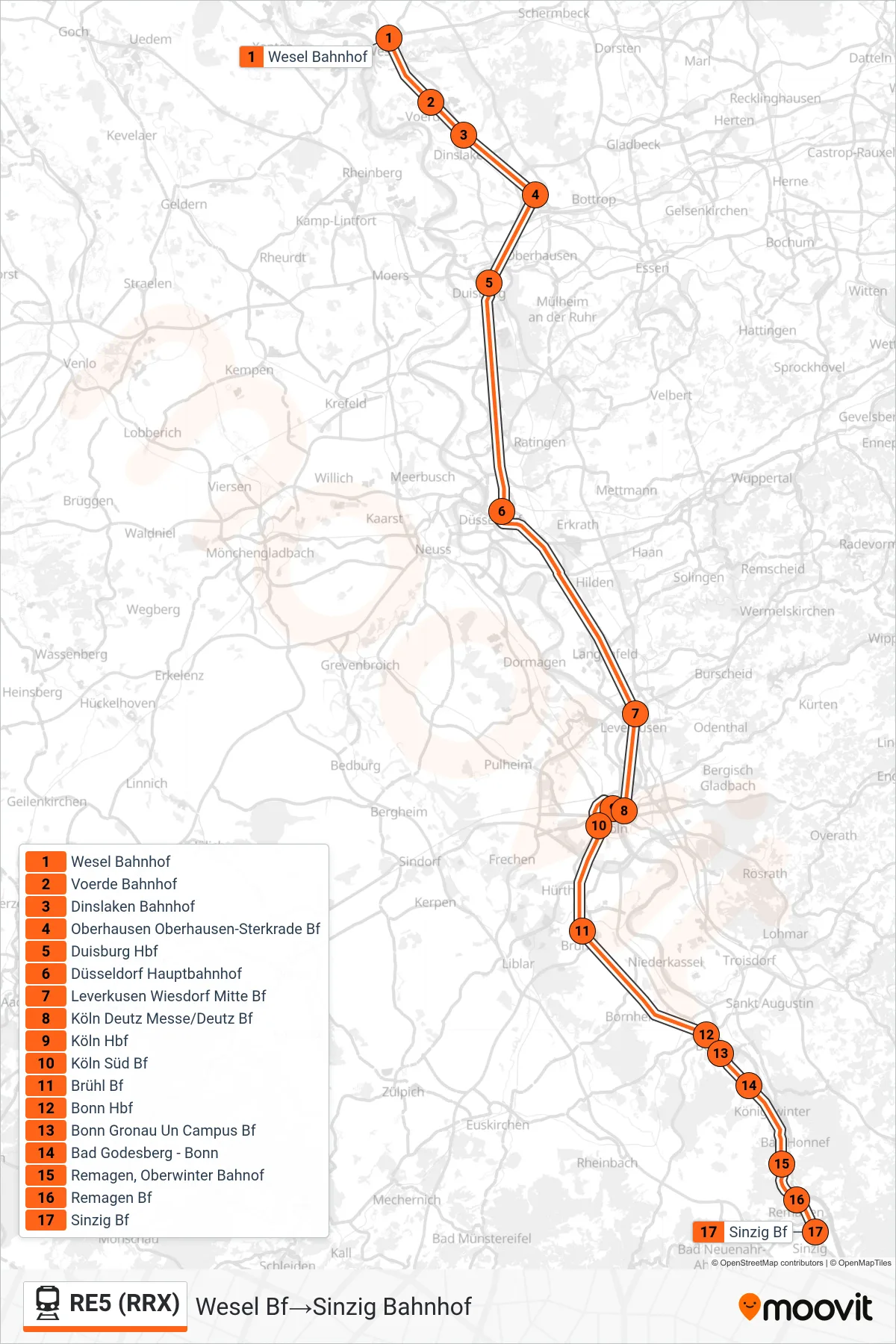 RE5 (RRX) train Line (Wesel Bf→Sinzig Bahnhof) route and stops on a map
