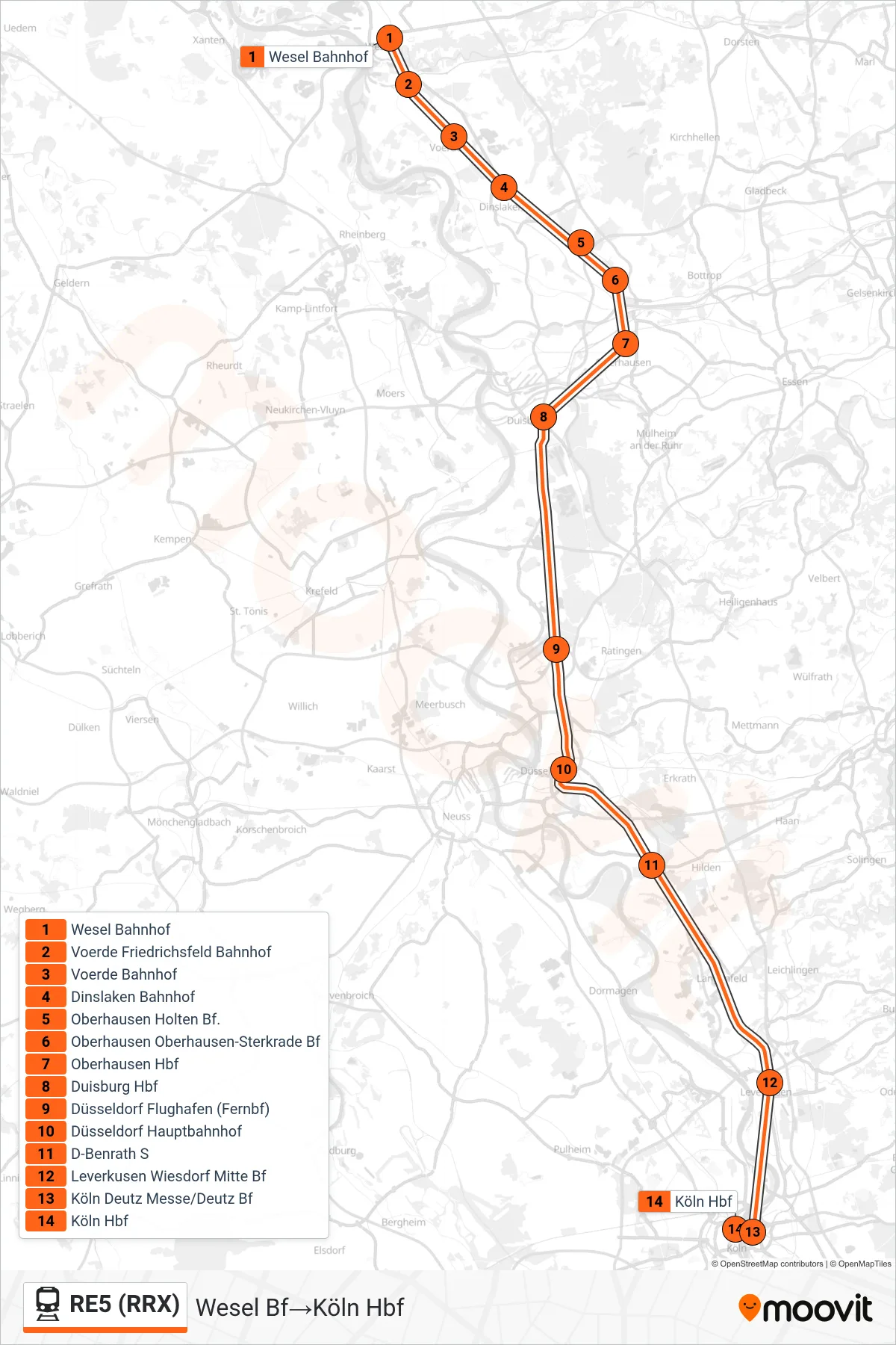 RE5 (RRX) train Line (Wesel Bf‎→Köln Hbf) route and stops on a map