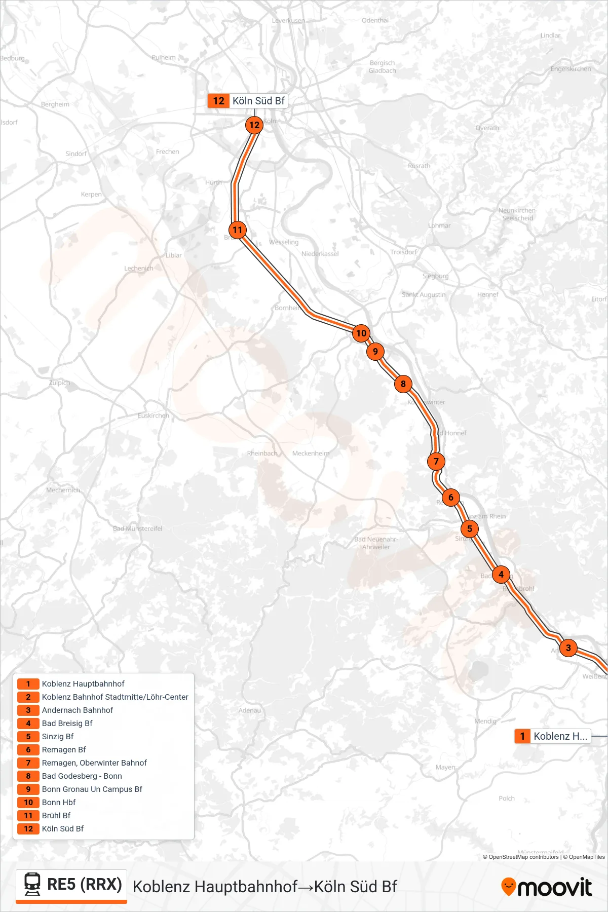 RE5 (RRX) train Line (Koblenz Hauptbahnhof→Köln Süd Bf) route and stops on a map