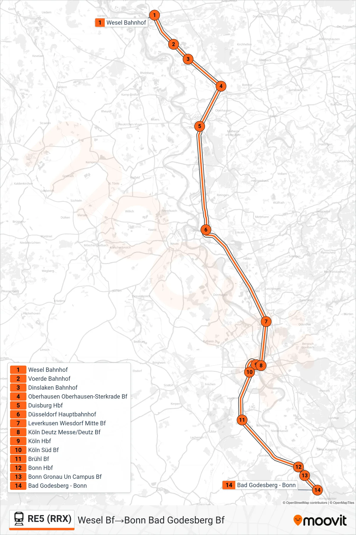 RE5 (RRX) train Line (Wesel Bf‎→Bonn Bad Godesberg Bf) route and stops on a map