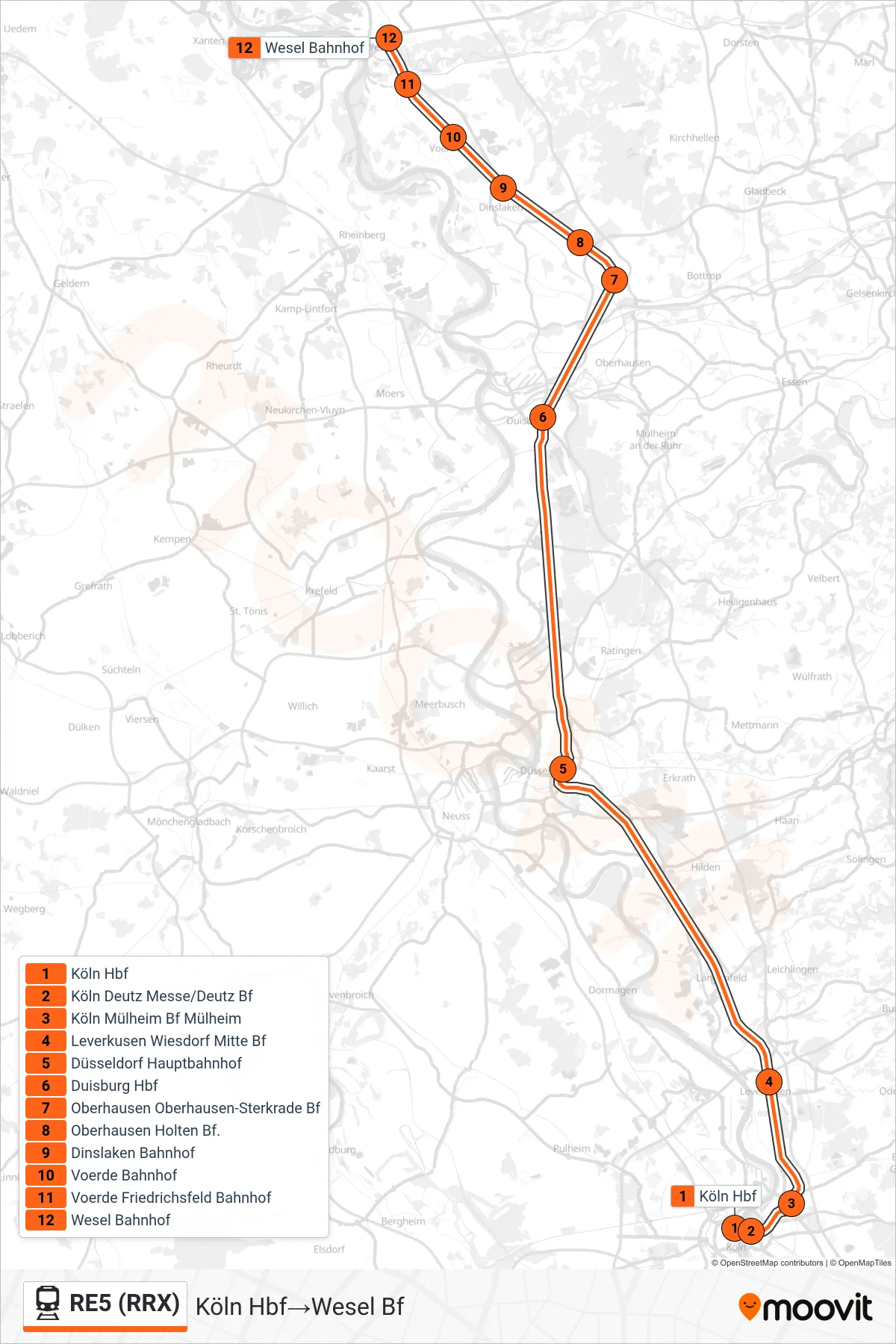 RE5 (RRX) rail Line (Köln Hbf→Wesel Bf) route and stops on a map