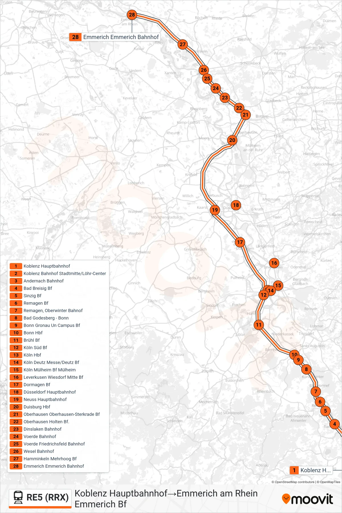 Linie RE5 (RRX) (Bahn) Richtung Koblenz Hauptbahnhof→Emmerich am Rhein Emmerich Bf: Route und Haltestellen auf der Karte