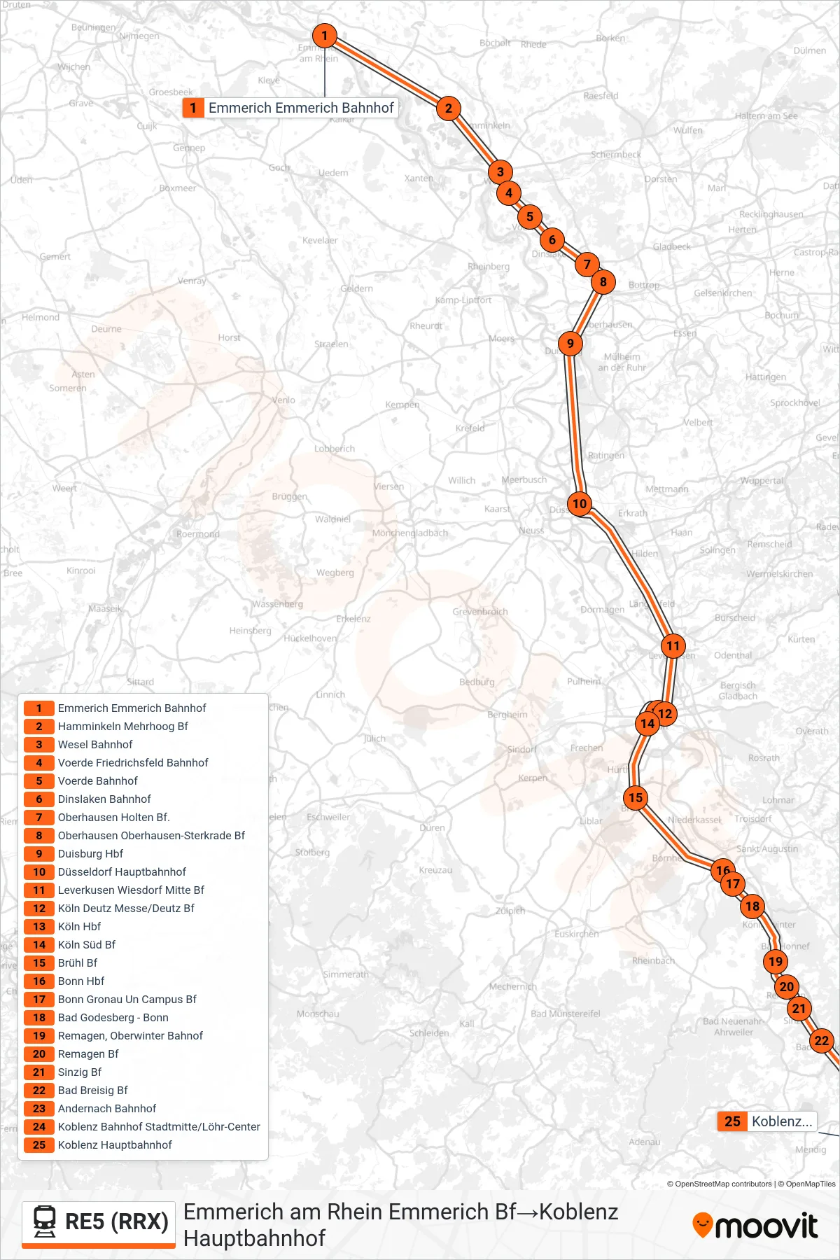 Linie RE5 (RRX) (Bahn) Richtung Emmerich am Rhein Emmerich Bf→Koblenz Hauptbahnhof: Route und Haltestellen auf der Karte