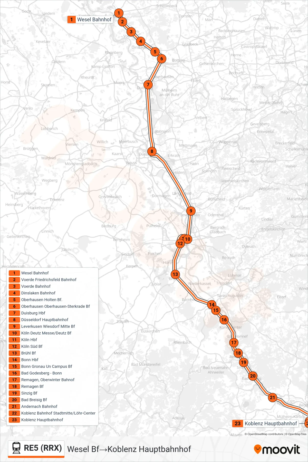 Linie RE5 (RRX) (Bahn) Richtung Wesel Bf→Koblenz Hauptbahnhof: Route und Haltestellen auf der Karte