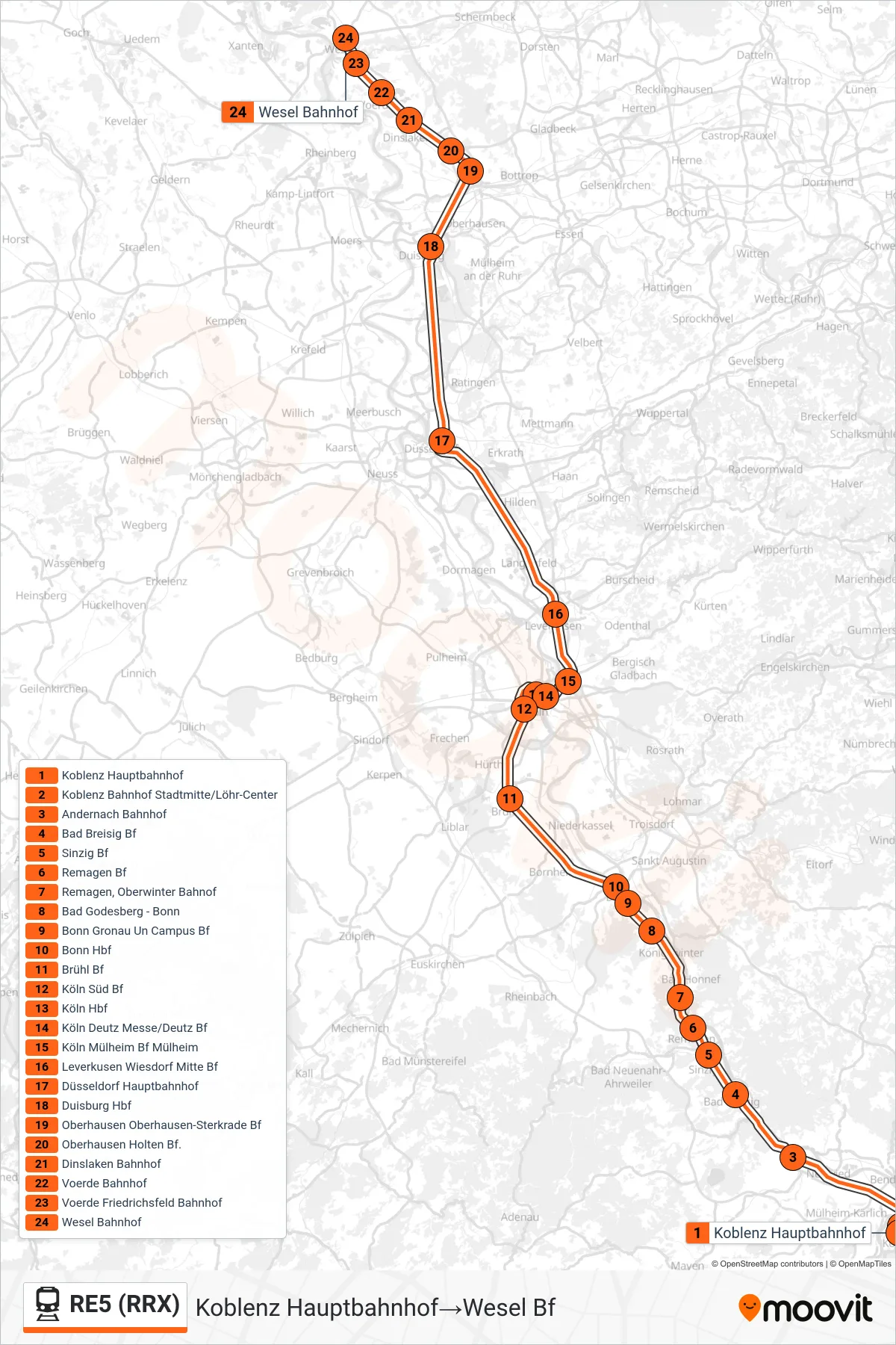 Linie RE5 (RRX) (Bahn) Richtung Koblenz Hauptbahnhof‎→Wesel Bf: Route und Haltestellen auf der Karte