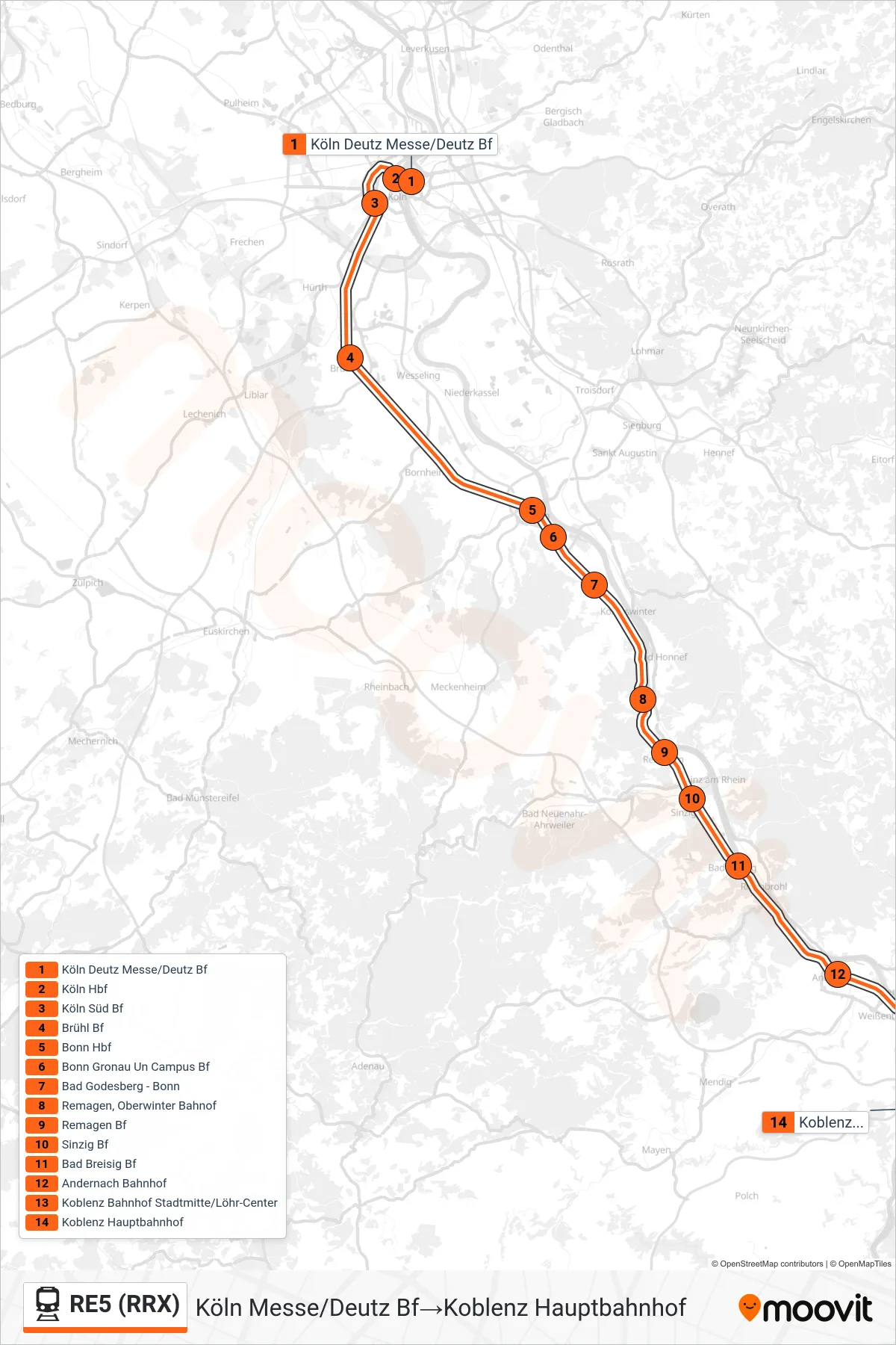 RE5 (RRX) train Line (Köln Messe/Deutz Bf→Koblenz Hauptbahnhof) route and stops on a map