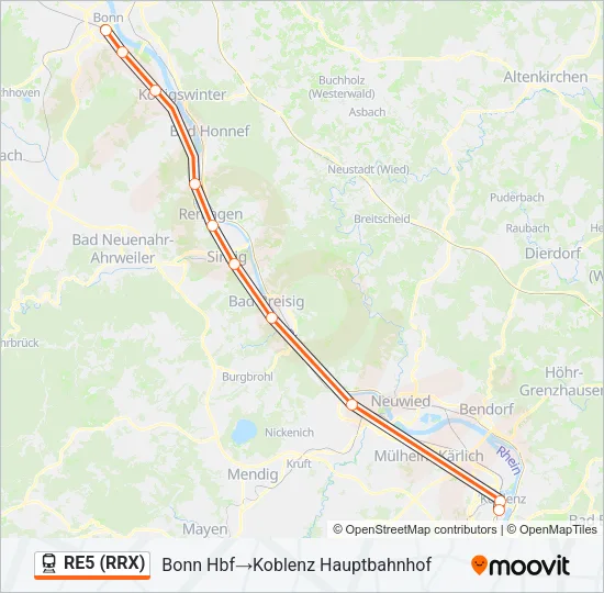 Поезд RE5 (RRX): карта маршрута