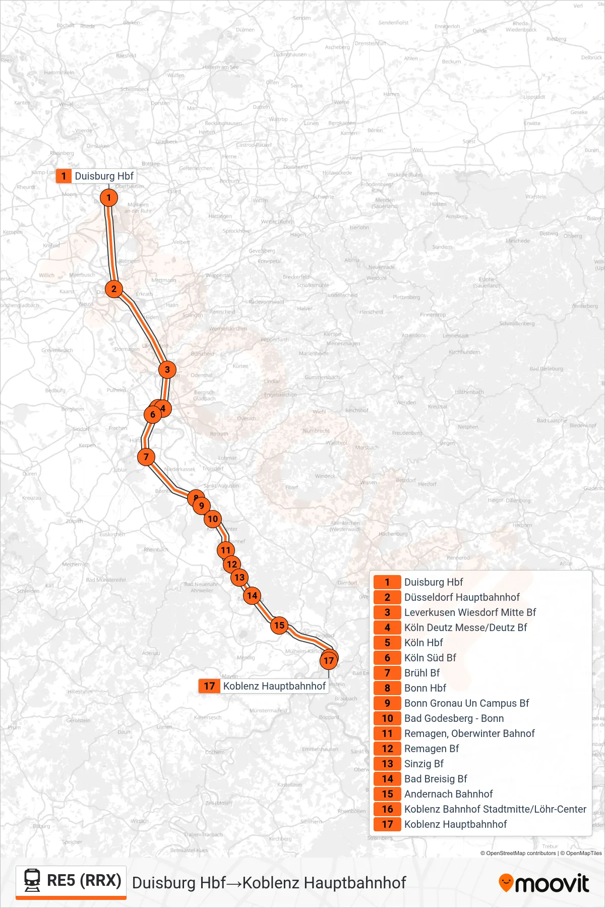 Linie RE5 (RRX) (Bahn) Richtung Duisburg Hbf→Koblenz Hauptbahnhof: Route und Haltestellen auf der Karte