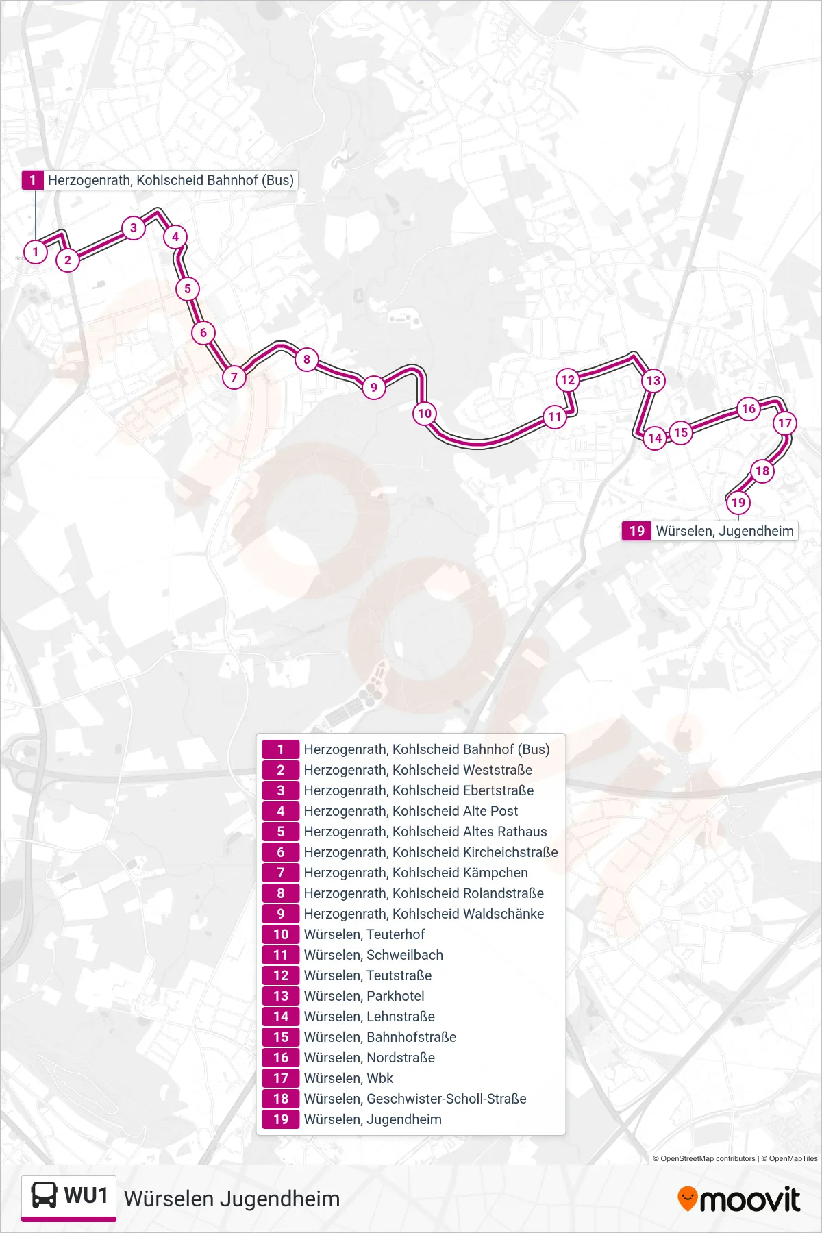 Linie WU1 (Bus) Richtung Würselen Jugendheim: Route und Haltestellen auf der Karte