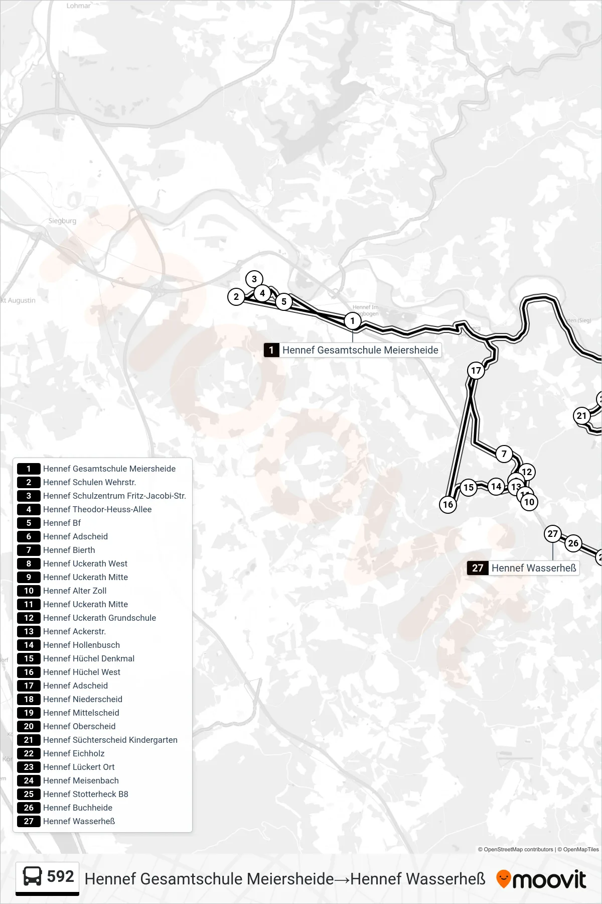 Linie 592 (Bus) Richtung Hennef Gesamtschule Meiersheide→Hennef Wasserheß: Route und Haltestellen auf der Karte