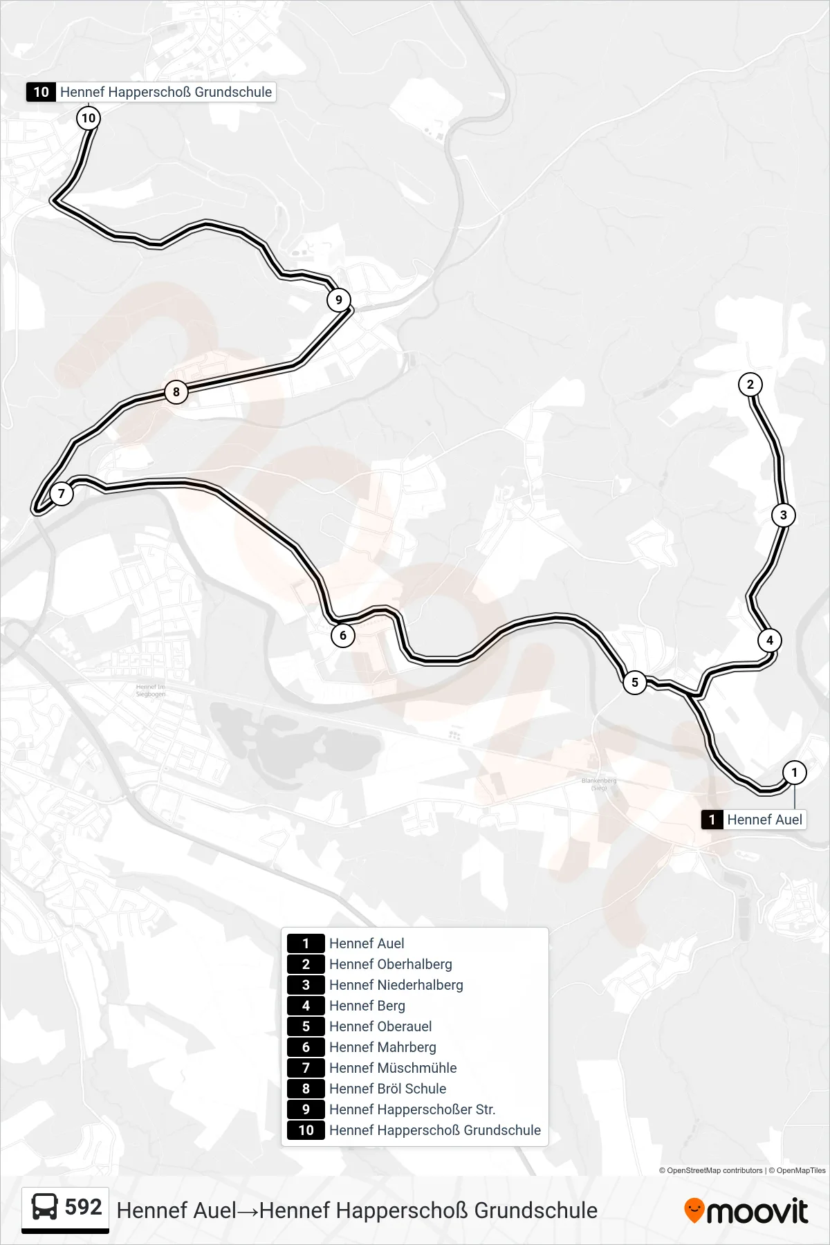 Linie 592 (Bus) Richtung Hennef Auel→Hennef Happerschoß Grundschule: Route und Haltestellen auf der Karte