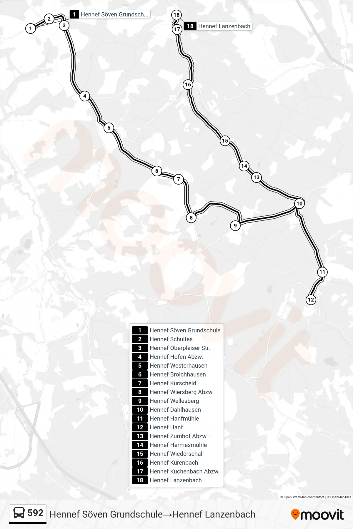 Linie 592 (Bus) Richtung Hennef Söven Grundschule→Hennef Lanzenbach: Route und Haltestellen auf der Karte