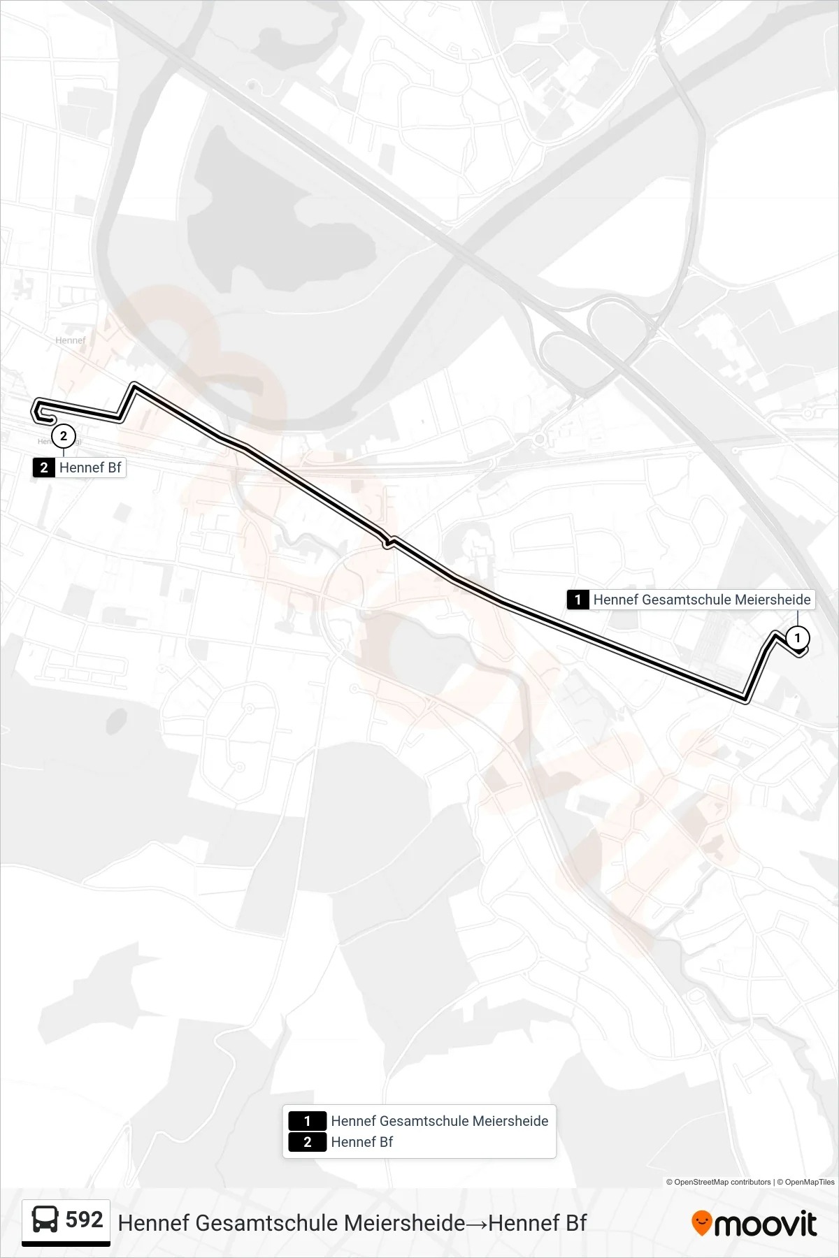 Linie 592 (Bus) Richtung Hennef Gesamtschule Meiersheide→Hennef Bf: Route und Haltestellen auf der Karte