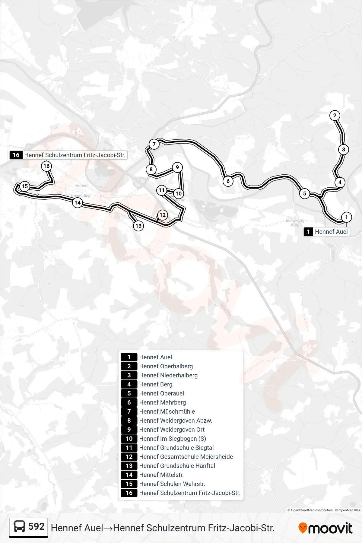 Linie 592 (Bus) Richtung Hennef Auel→Hennef Schulzentrum Fritz-Jacobi-Str.: Route und Haltestellen auf der Karte