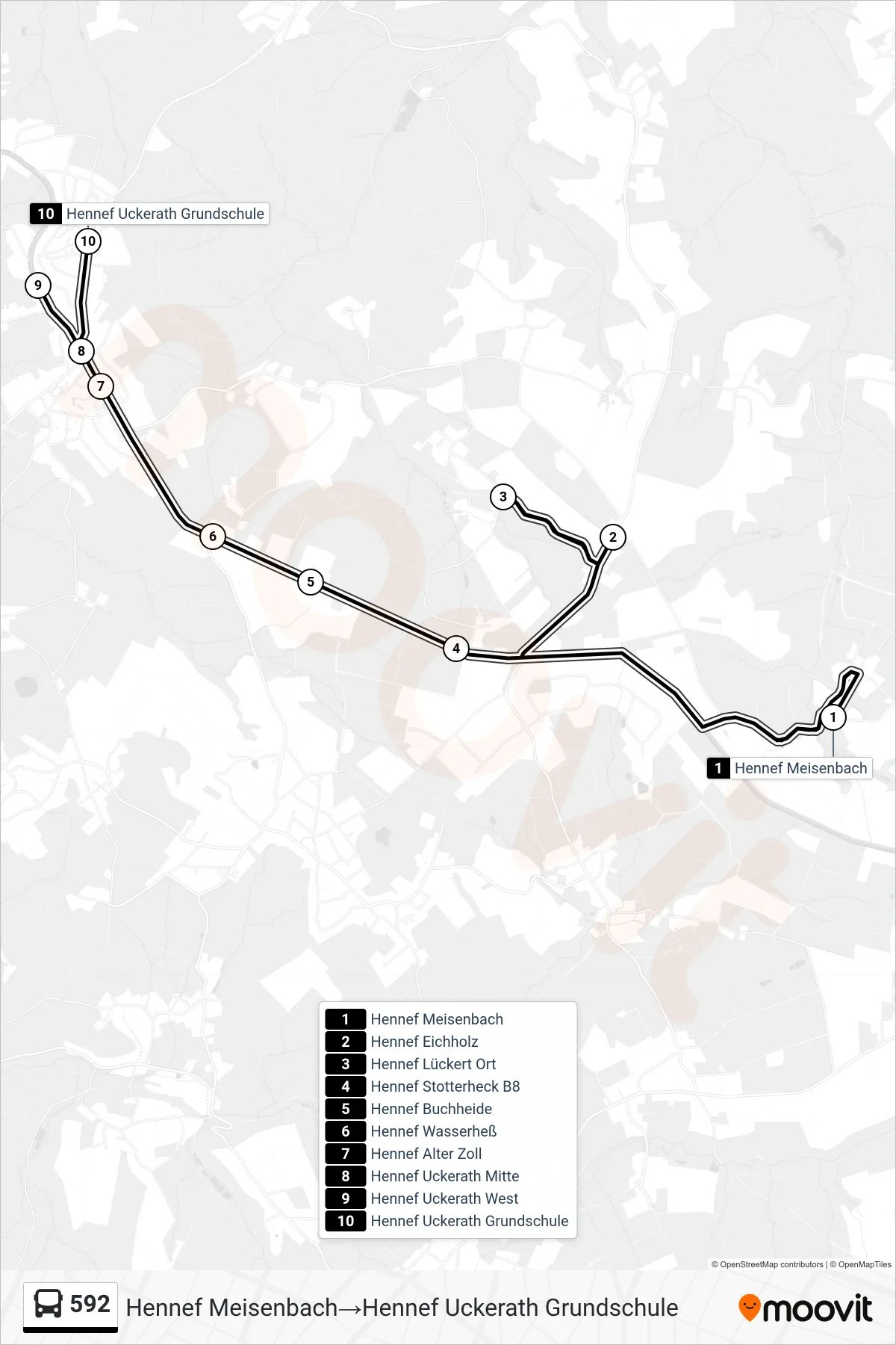 Linie 592 (Bus) Richtung Hennef Meisenbach→Hennef Uckerath Grundschule: Route und Haltestellen auf der Karte