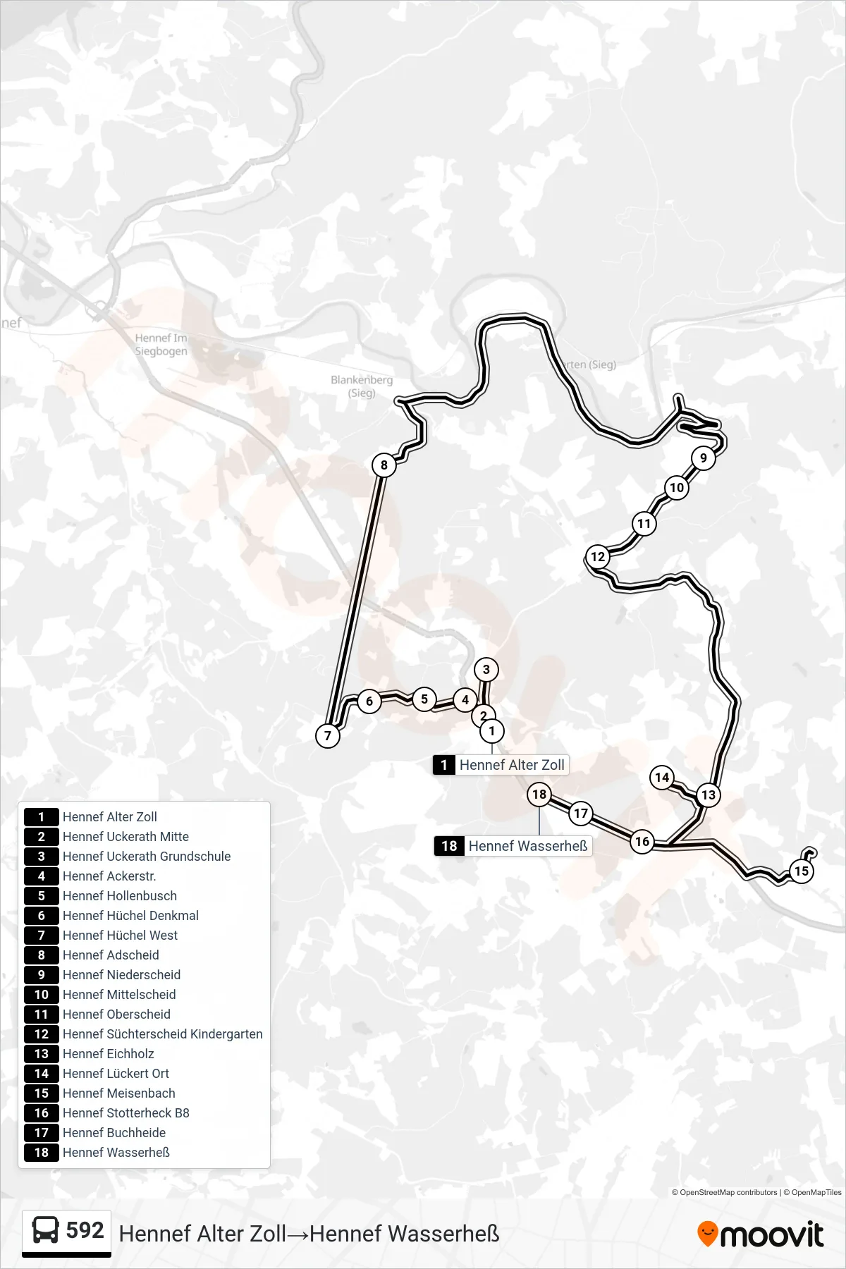 Linie 592 (Bus) Richtung Hennef Alter Zoll→Hennef Wasserheß: Route und Haltestellen auf der Karte