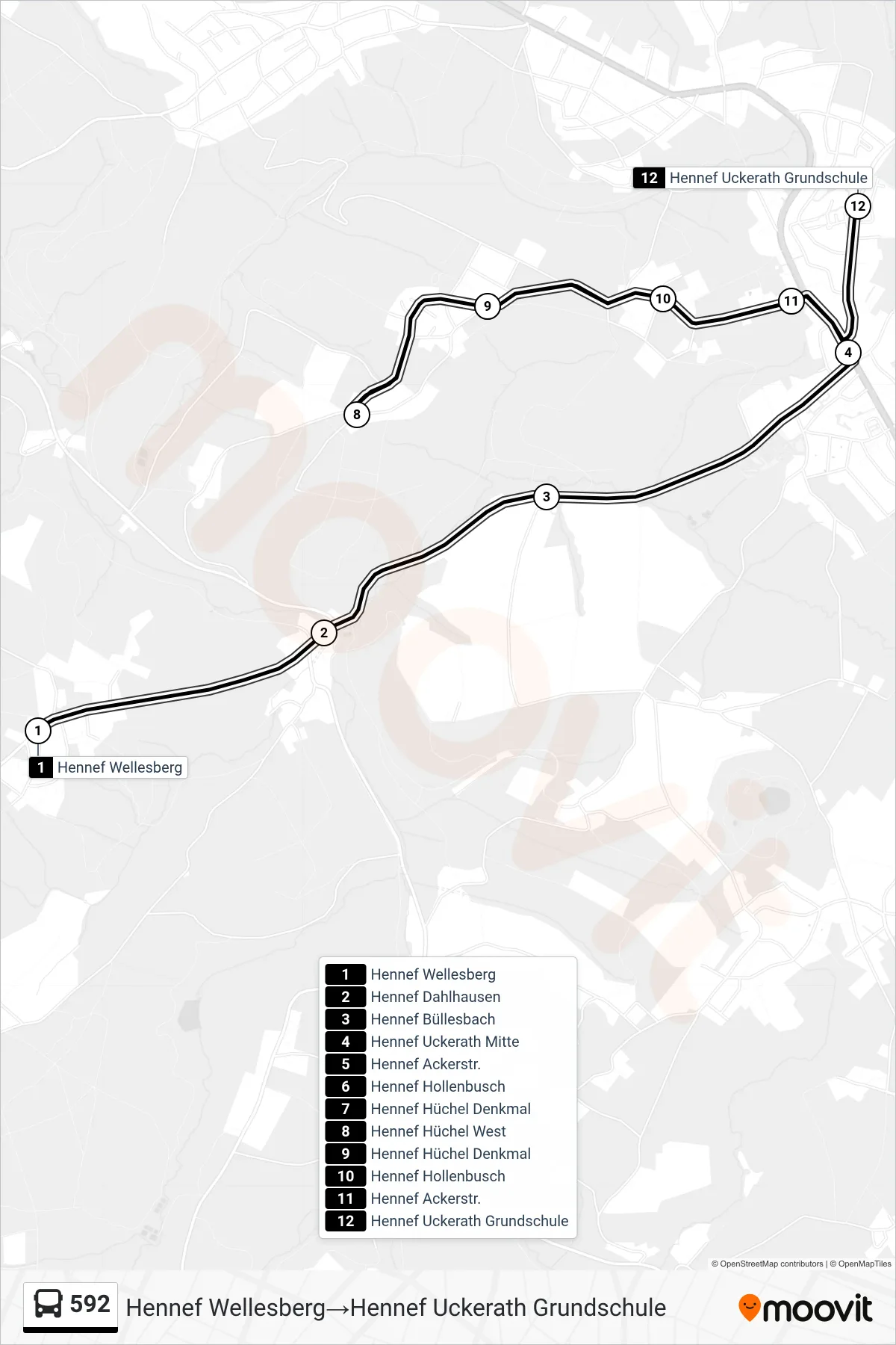 Linie 592 (Bus) Richtung Hennef Wellesberg→Hennef Uckerath Grundschule: Route und Haltestellen auf der Karte