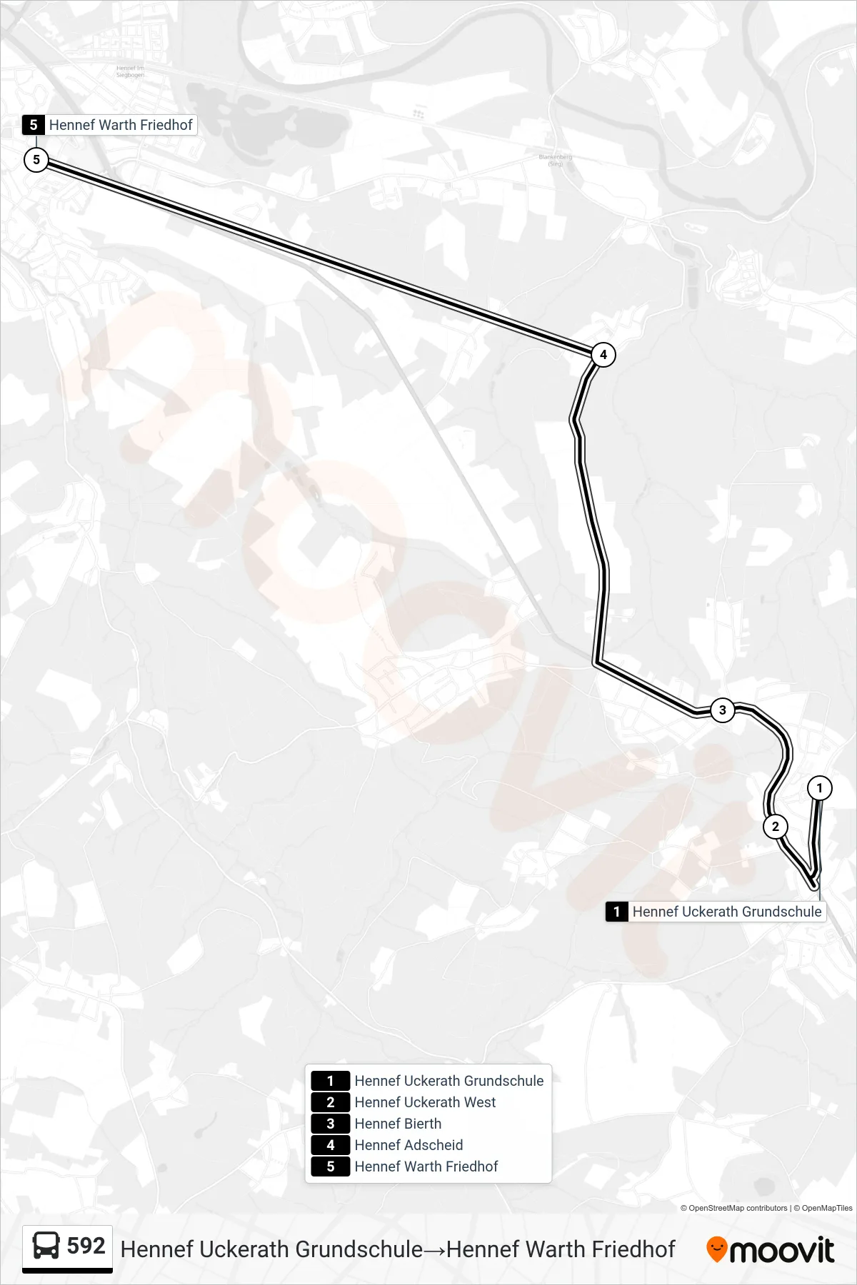 Linie 592 (Bus) Richtung Hennef Uckerath Grundschule→Hennef Warth Friedhof: Route und Haltestellen auf der Karte