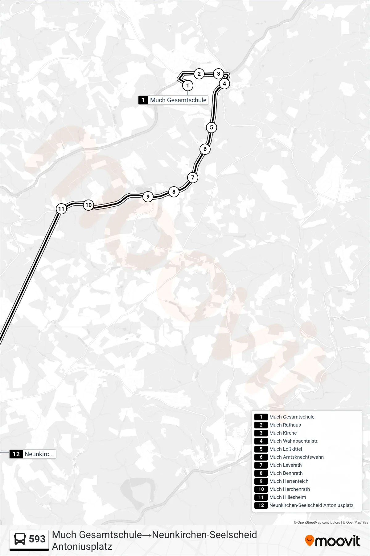 Linie 593 (Bus) Richtung Much Gesamtschule→Neunkirchen-Seelscheid Antoniusplatz: Route und Haltestellen auf der Karte