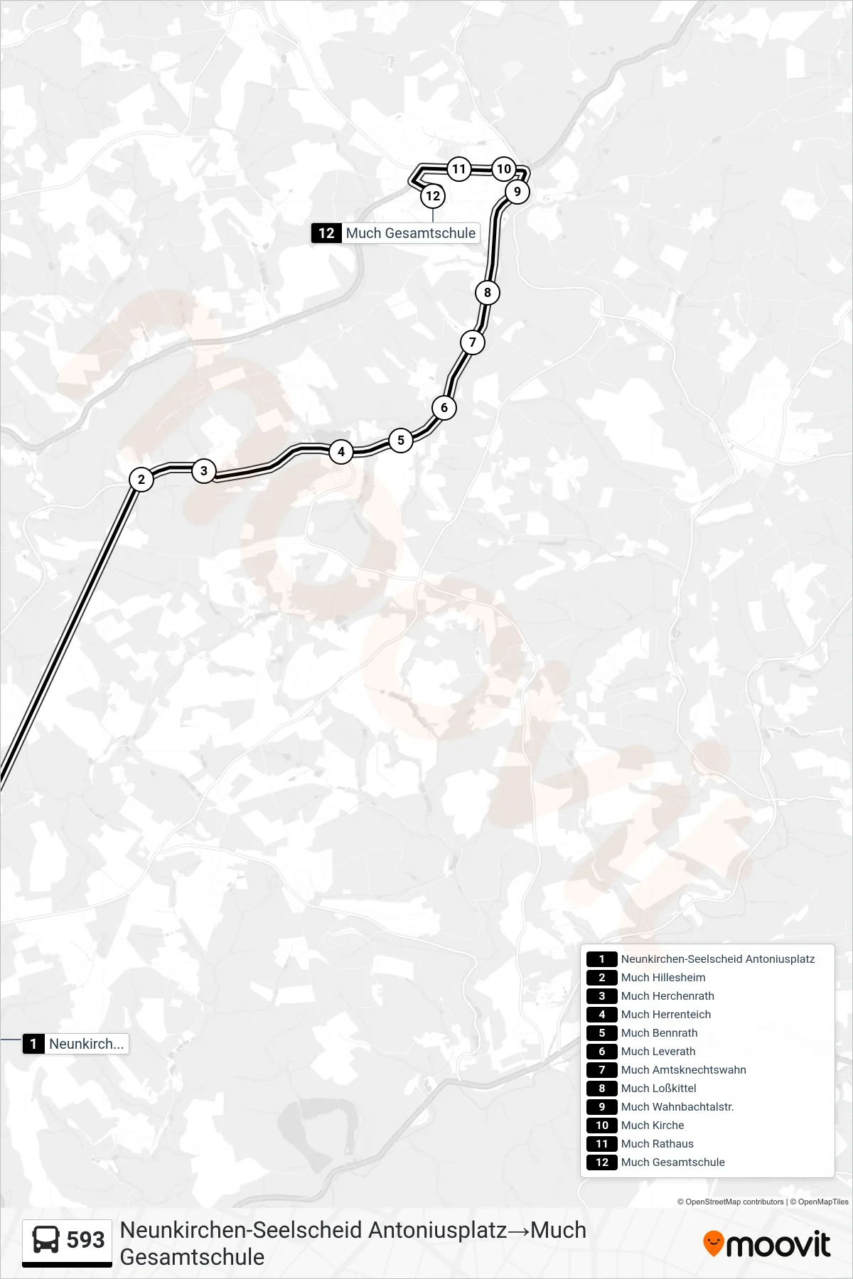 Linie 593 (Bus) Richtung Neunkirchen-Seelscheid Antoniusplatz→Much Gesamtschule: Route und Haltestellen auf der Karte