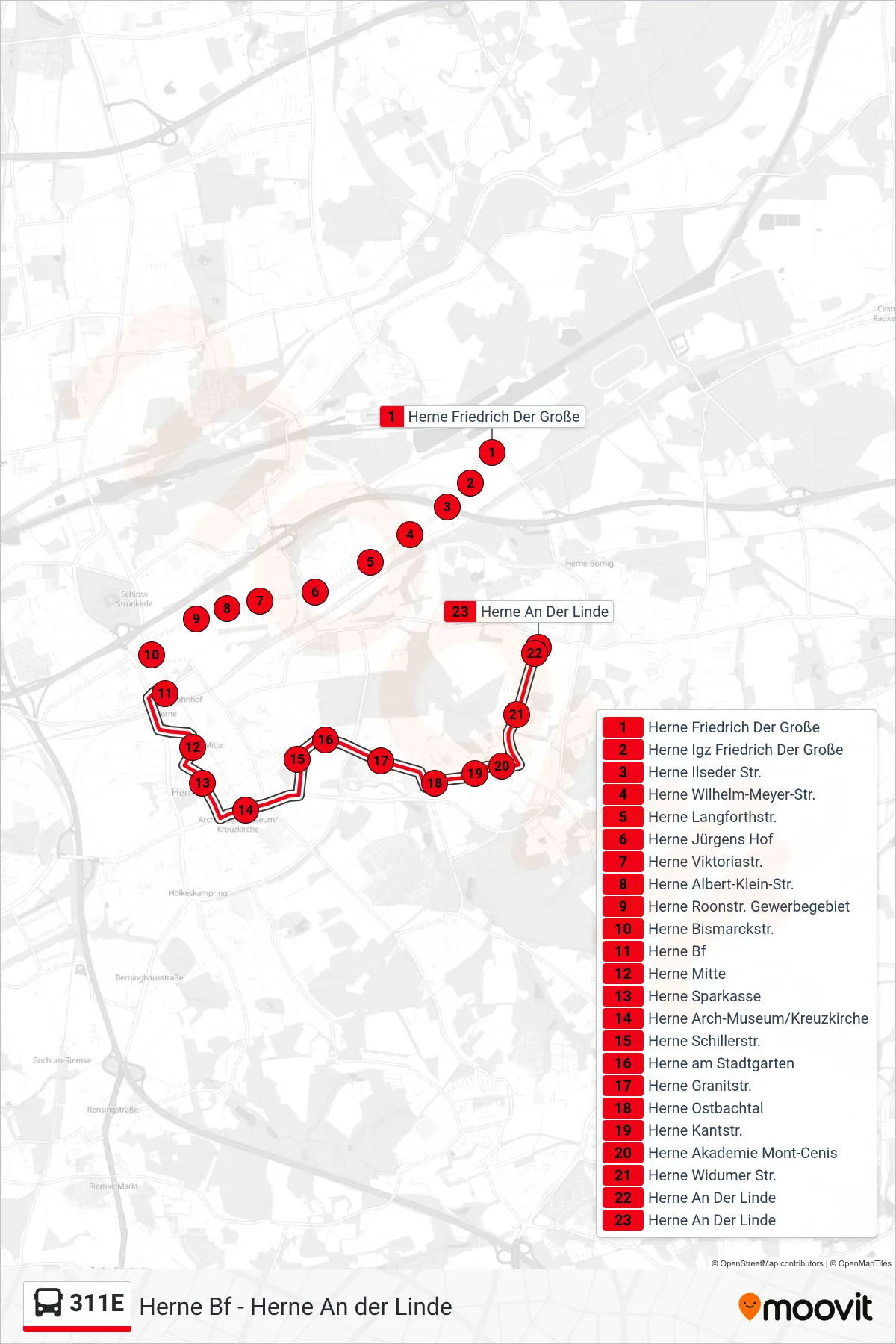 311E bus Line (Herne An Der Linde) route and stops on a map
