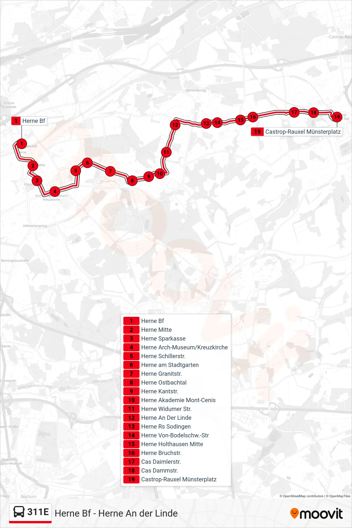 Linie 311E (Bus) Richtung Castrop-Rauxel Münsterplatz: Route und Haltestellen auf der Karte