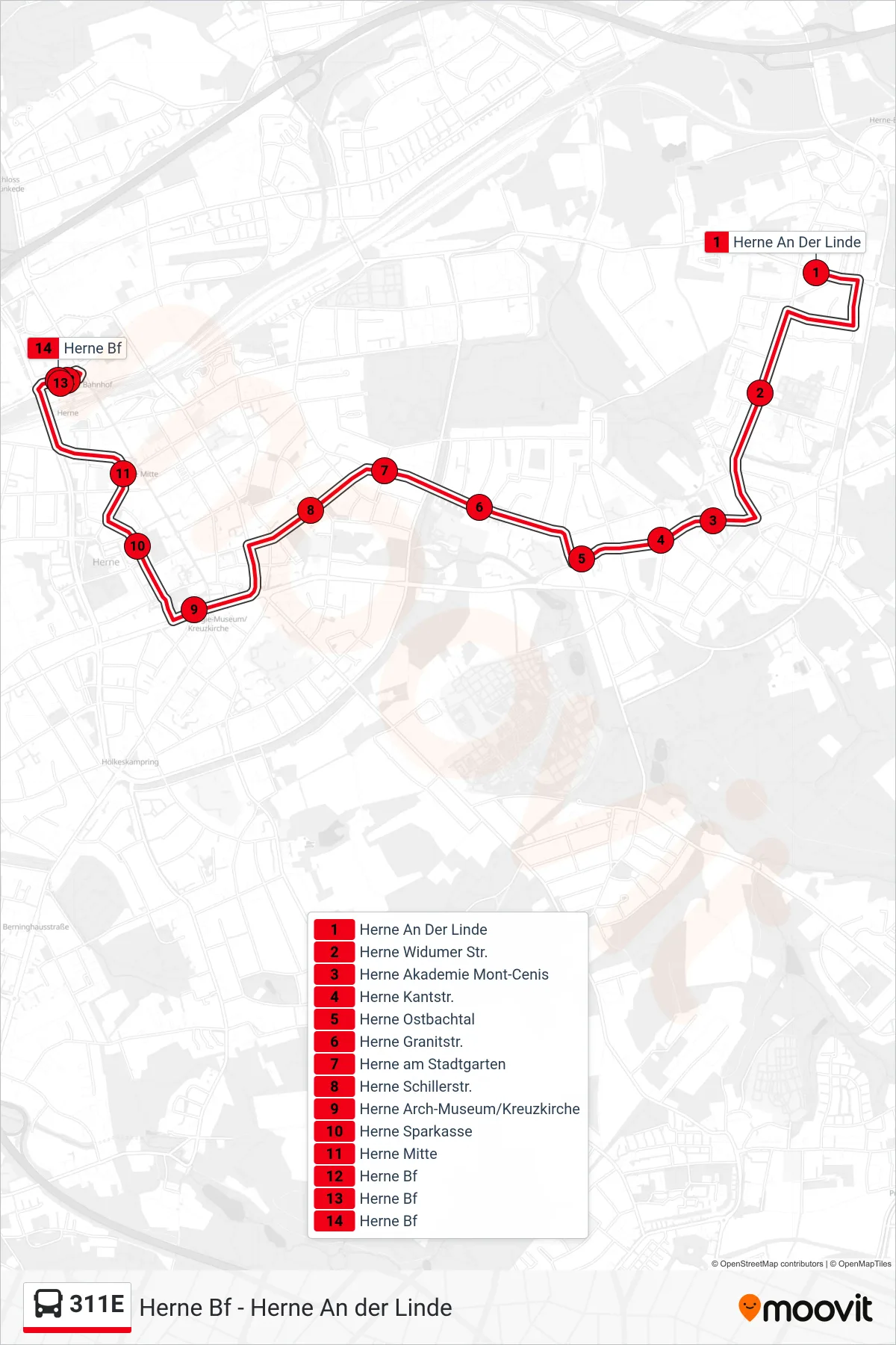 Linie 311E (Bus) Richtung Herne Bf: Route und Haltestellen auf der Karte