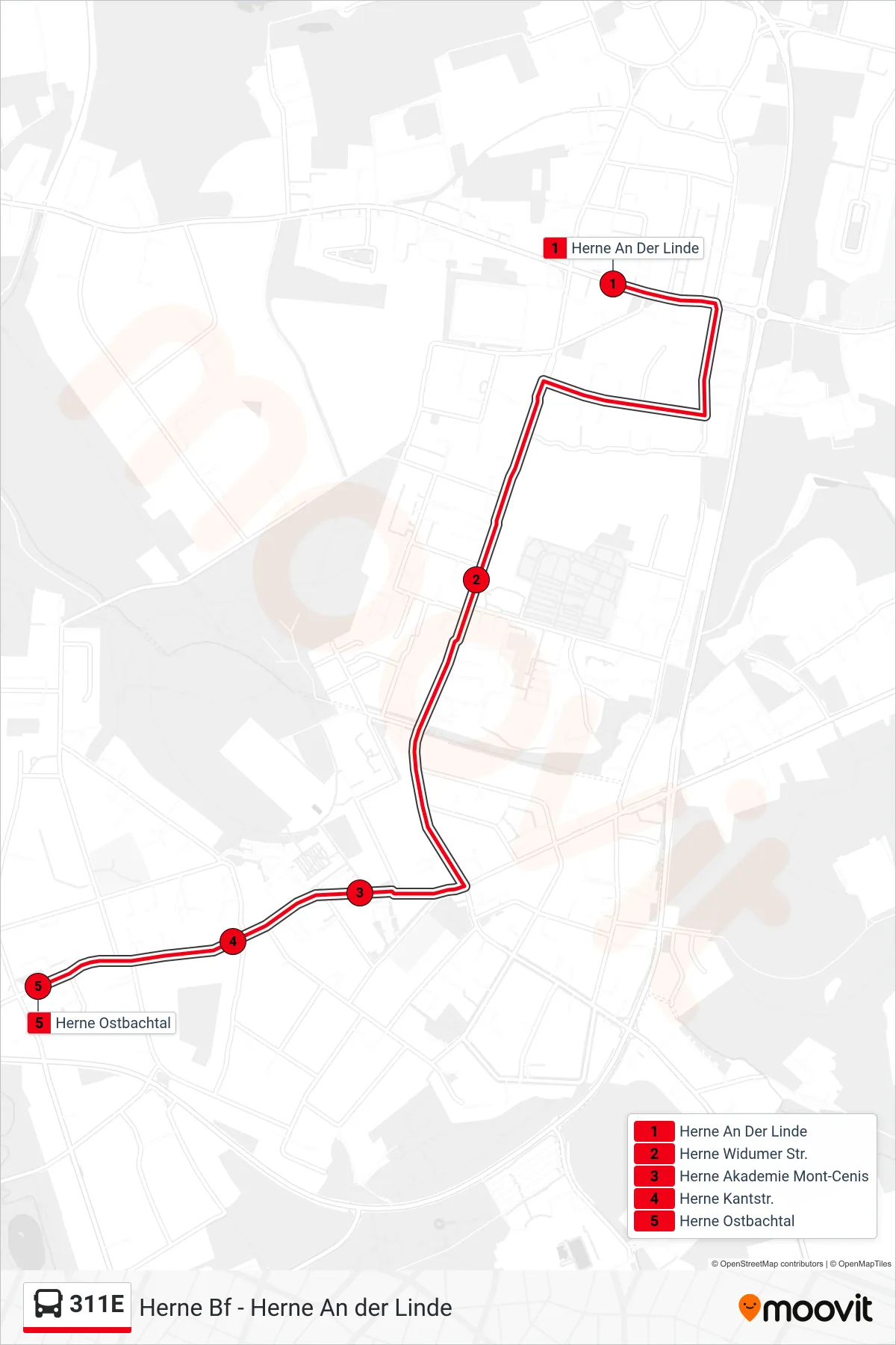 Linie 311E (Bus) Richtung Herne Ostbachtal: Route und Haltestellen auf der Karte