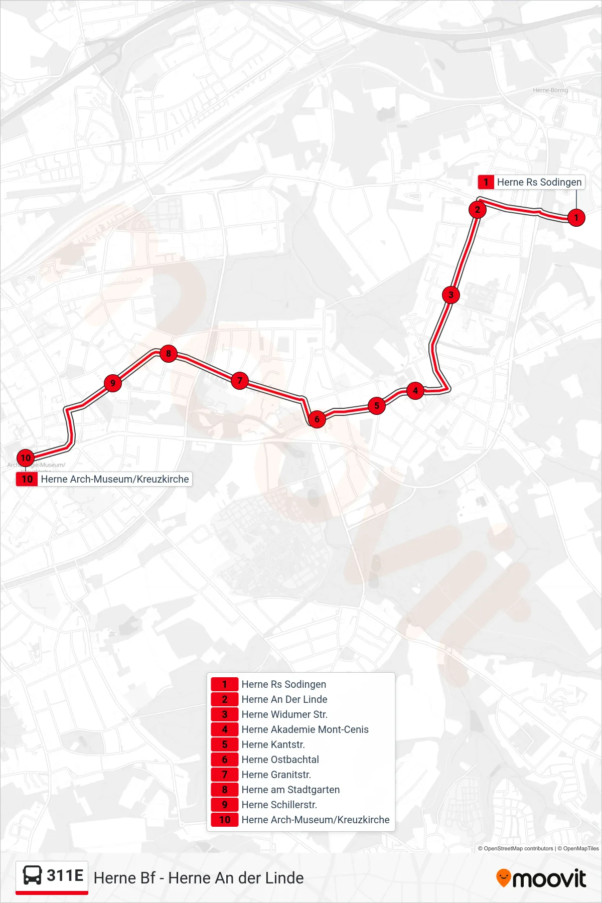 Linie 311E (Bus) Richtung Herne Arch-Museum/Kreuzkirche: Route und Haltestellen auf der Karte