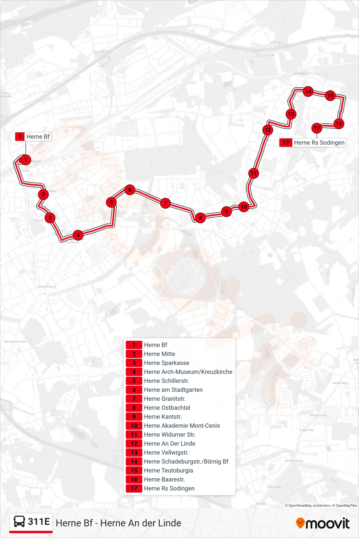 311E bus Line (Herne Rs Sodingen) route and stops on a map