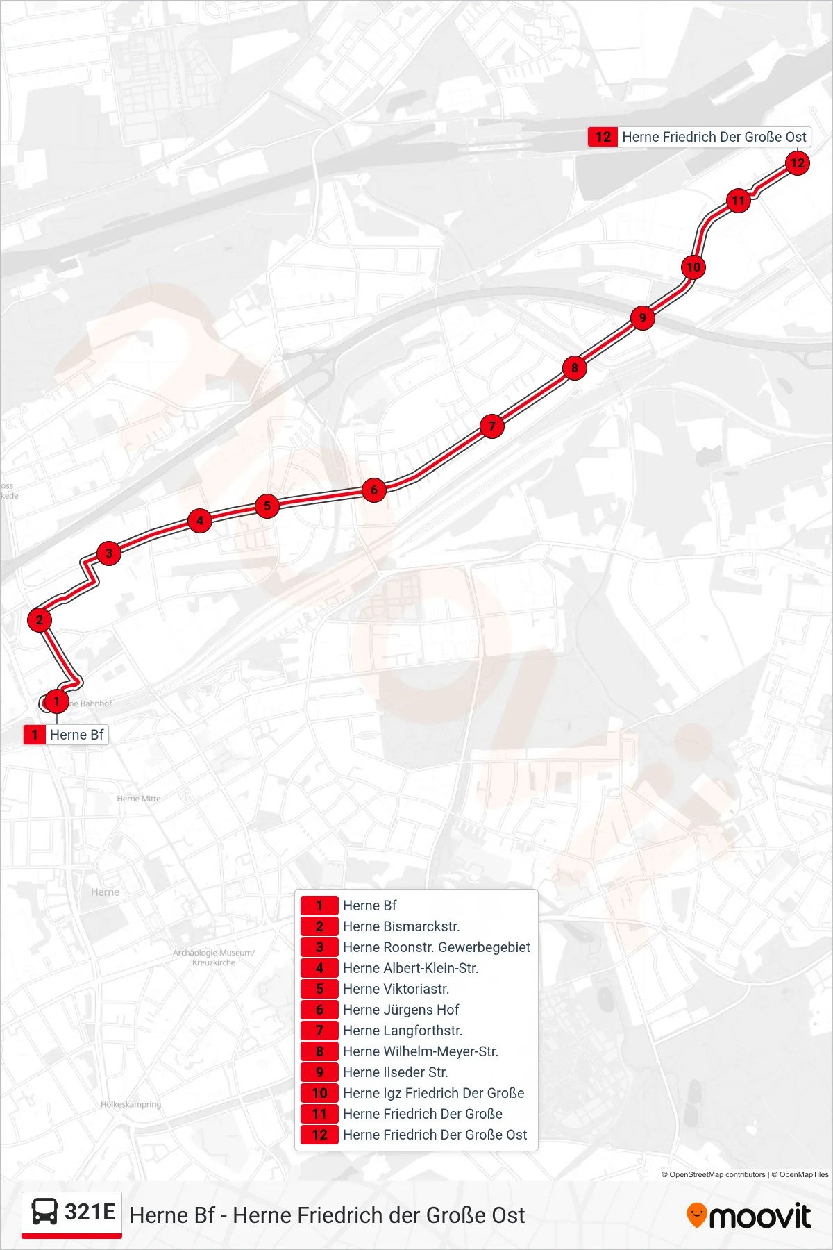 Linie 321E (Bus) Richtung Herne Friedrich Der Große Ost: Route und Haltestellen auf der Karte