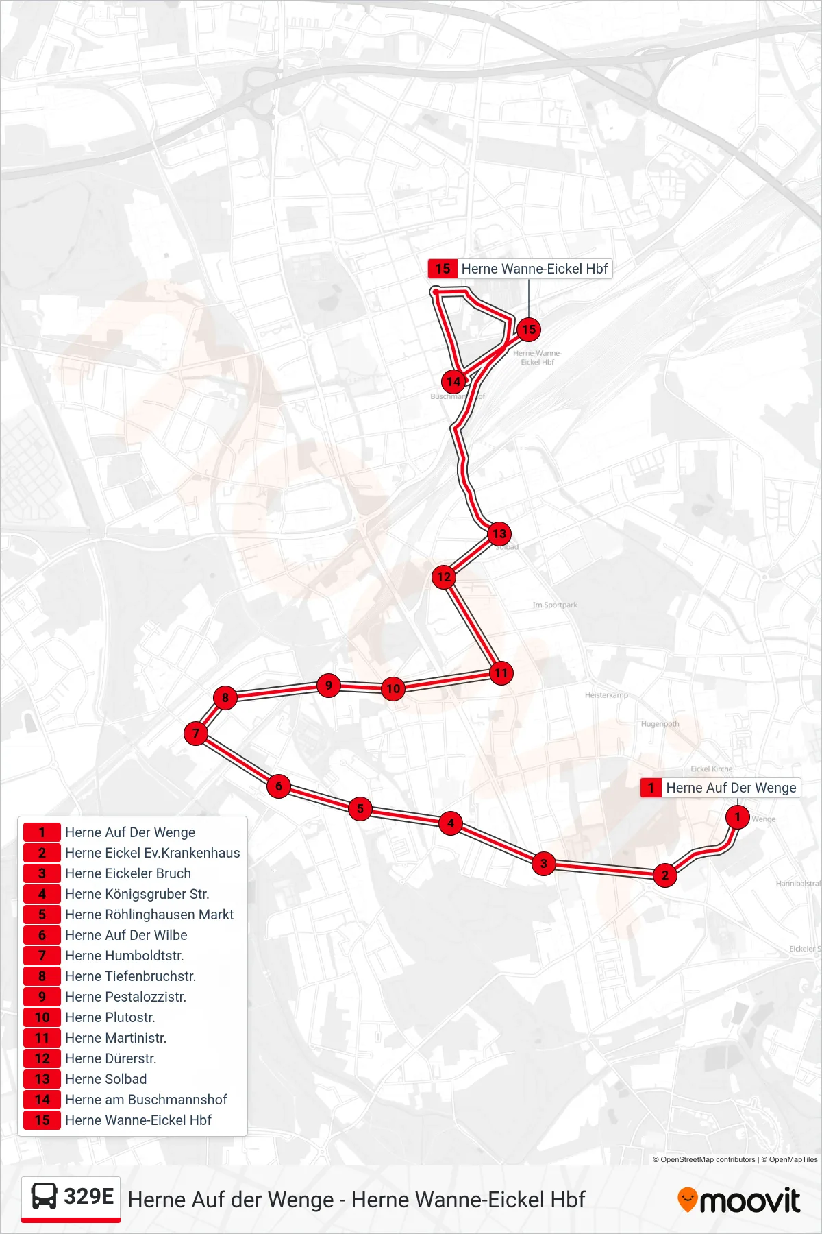 Linie 329E (Bus) Richtung Herne Wanne-Eickel Hbf: Route und Haltestellen auf der Karte