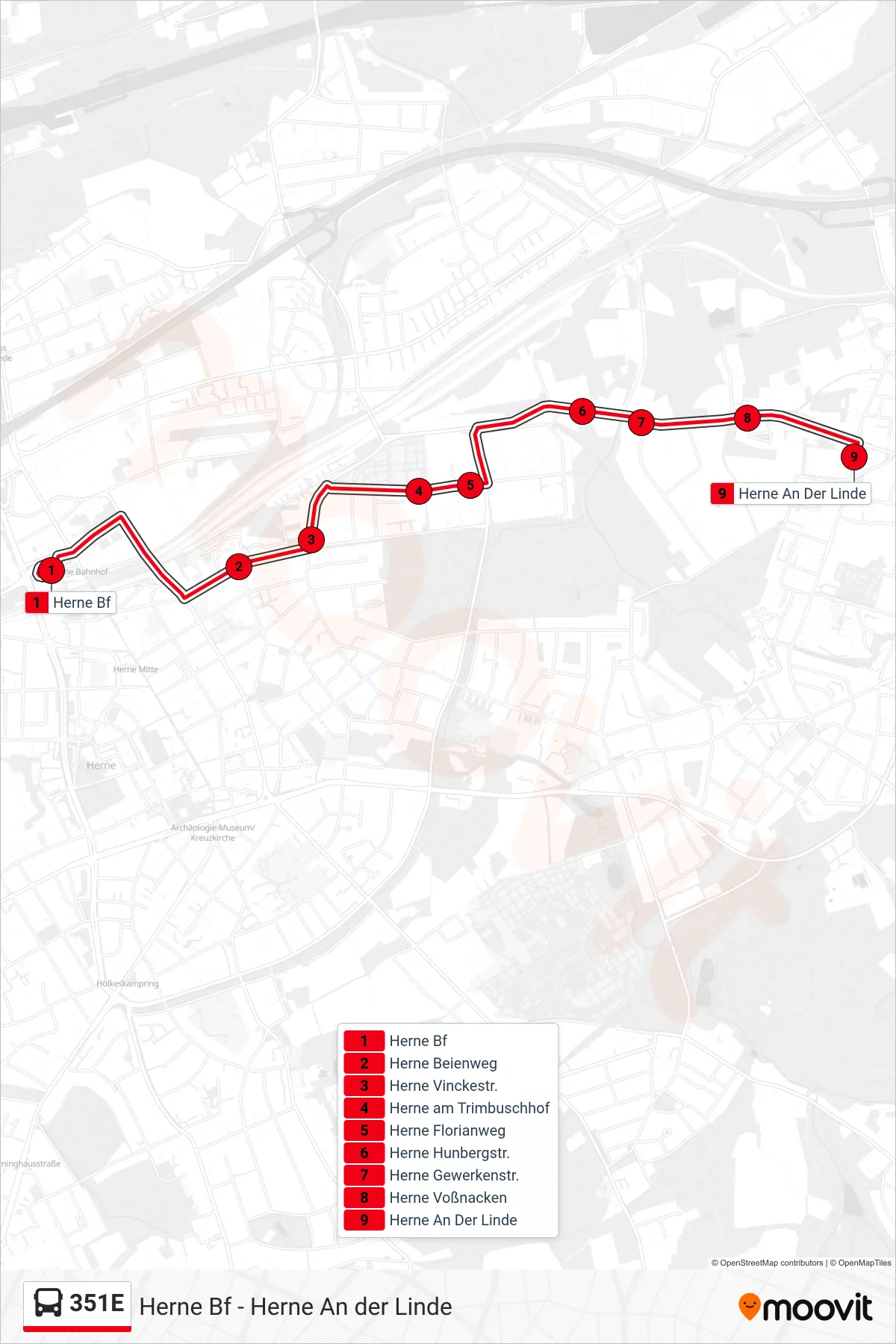 Linie 351E (Bus) Richtung Herne An Der Linde: Route und Haltestellen auf der Karte