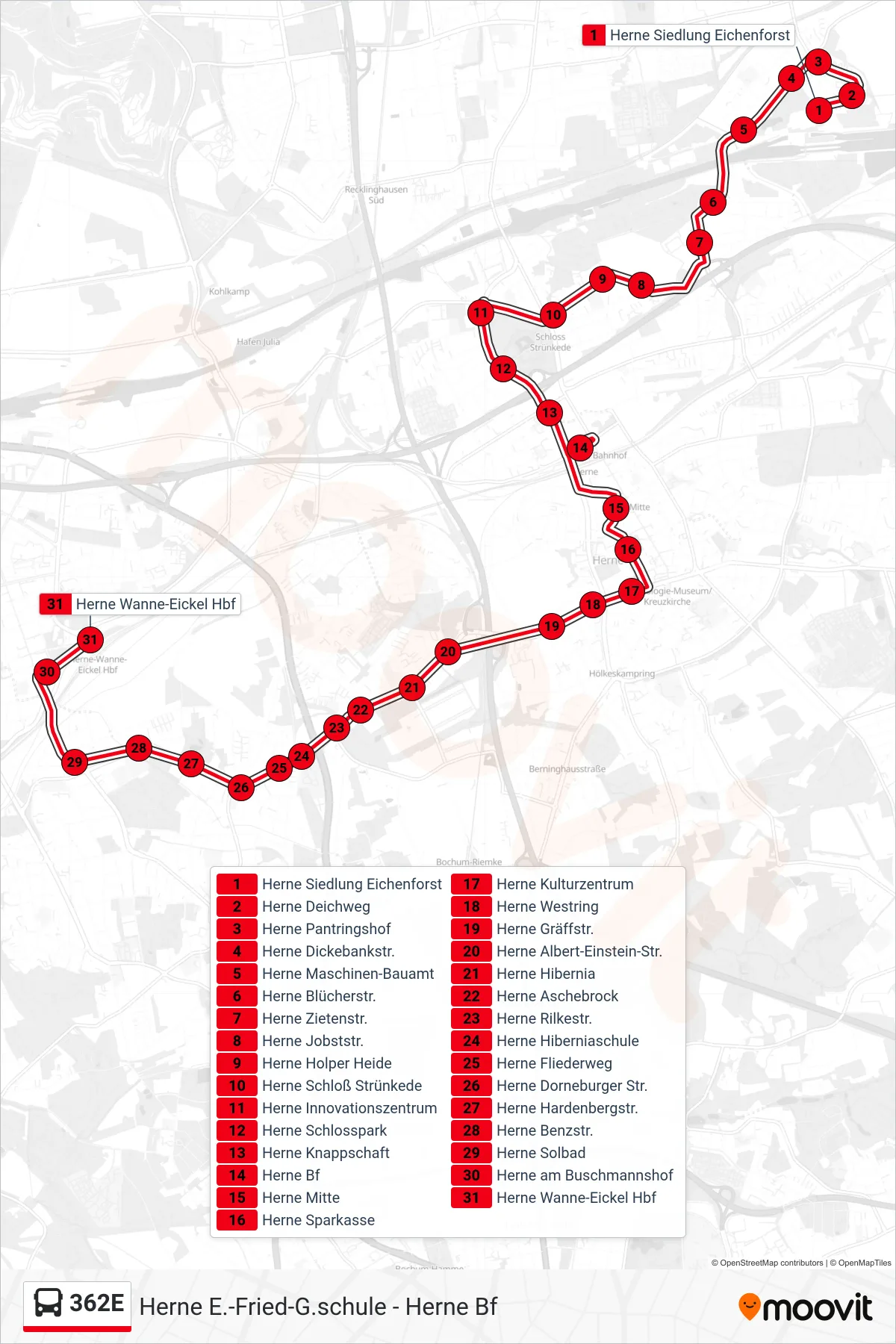 Linie 362E (Bus) Richtung Herne Wanne-Eickel Hbf: Route und Haltestellen auf der Karte