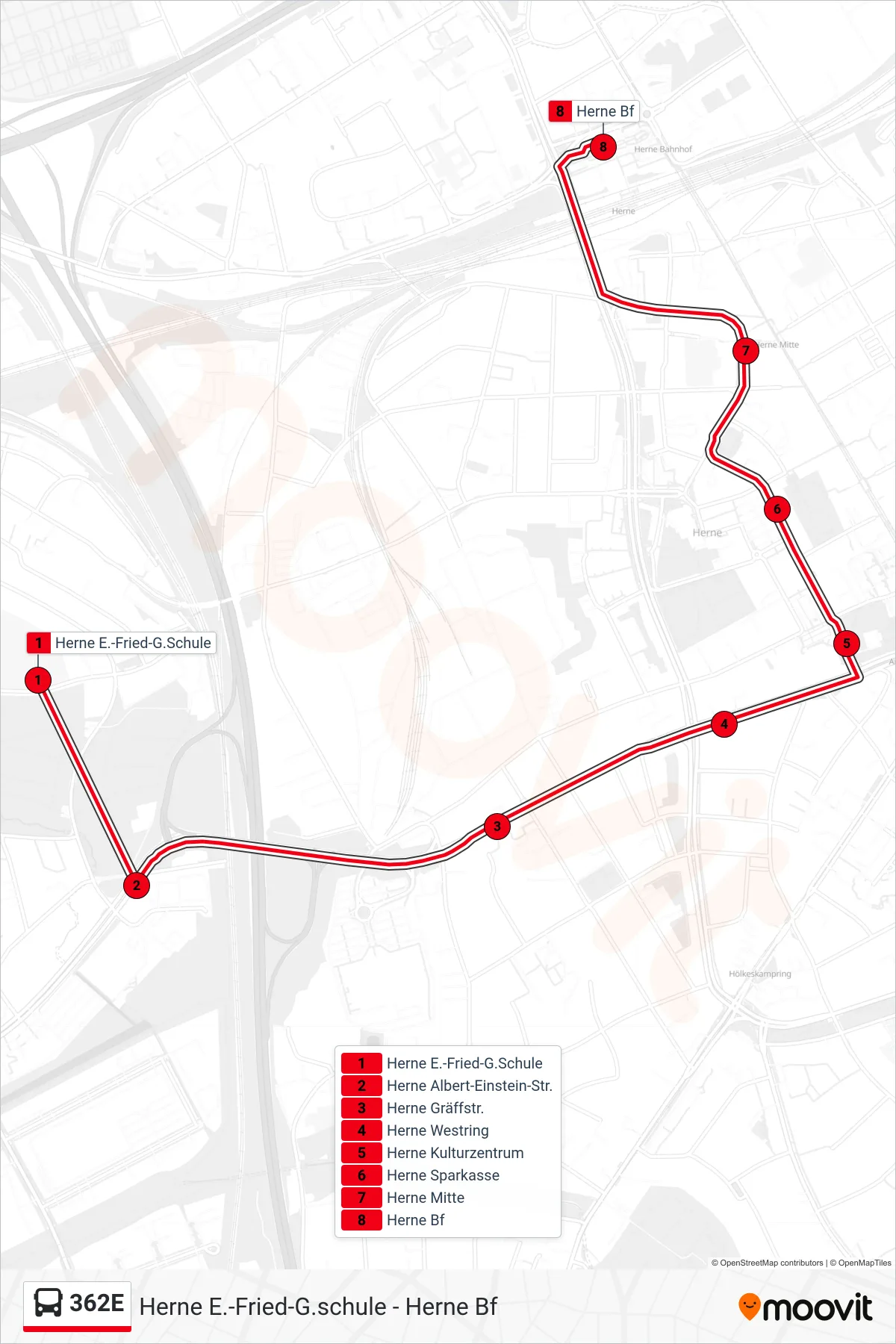 362E bus Line (Herne Bf) route and stops on a map