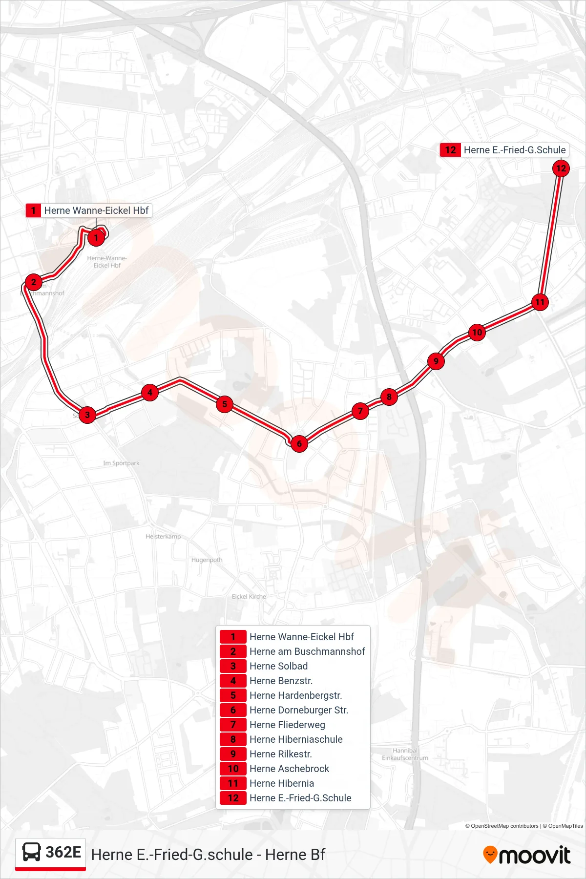 Linie 362E (Bus) Richtung Herne E.-Fried-G.Schule: Route und Haltestellen auf der Karte
