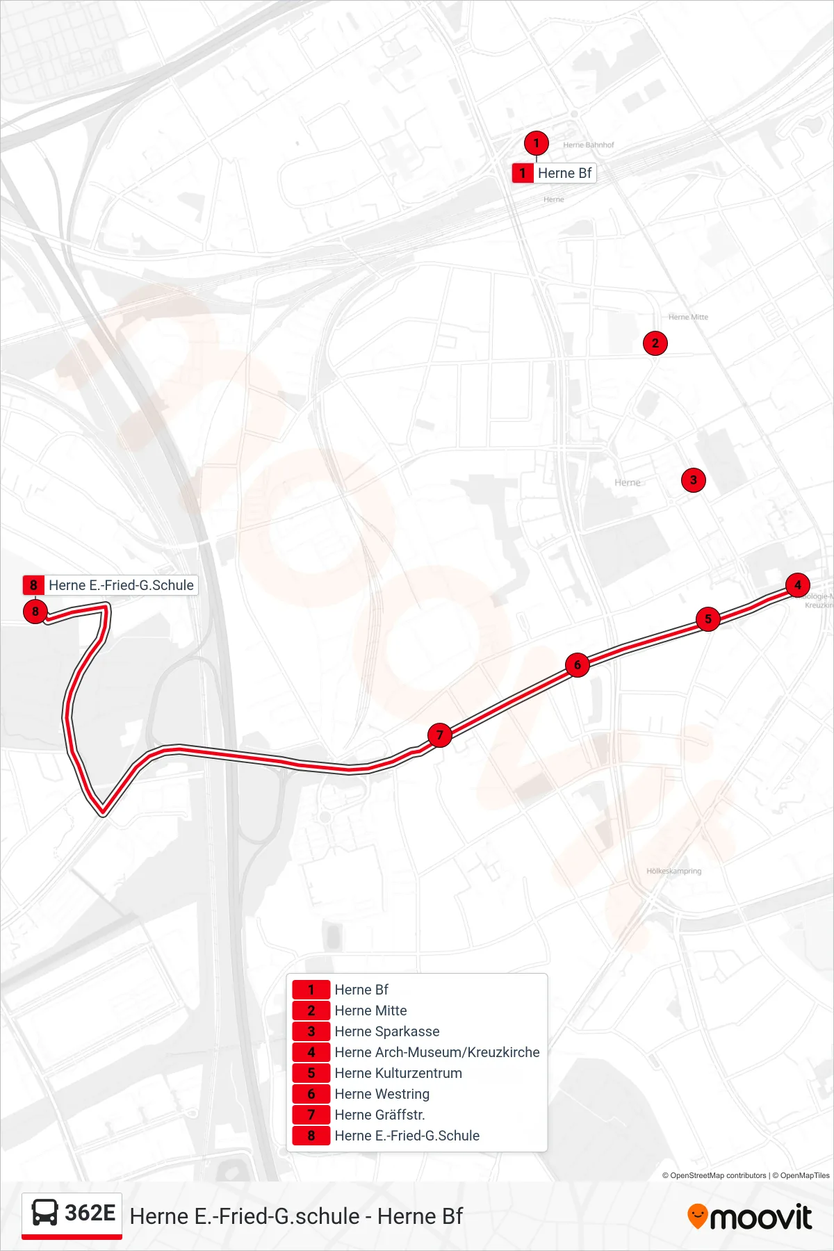 Linie 362E (Bus) Richtung Herne E.-Fried-G.Schule: Route und Haltestellen auf der Karte