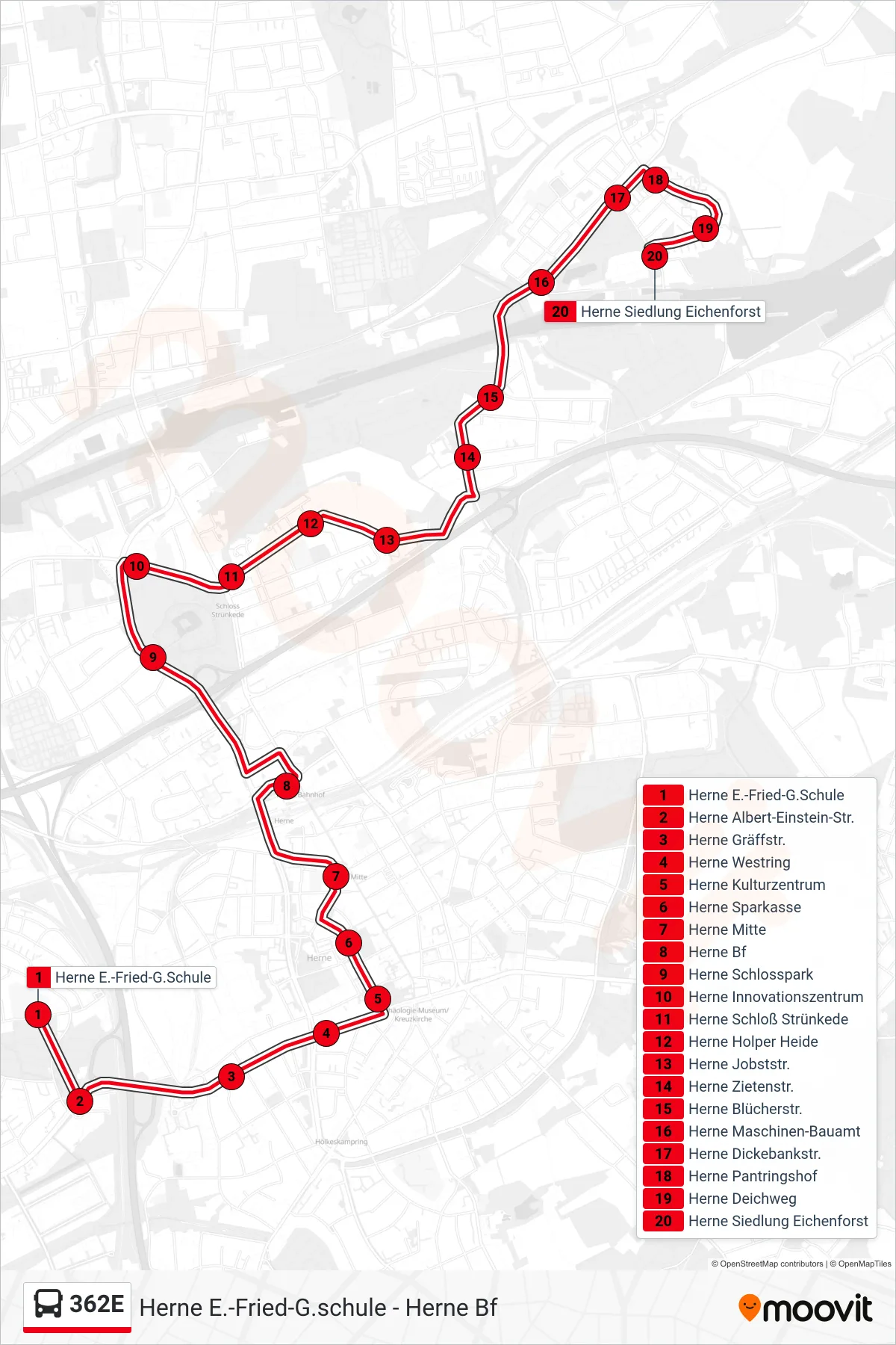 Linie 362E (Bus) Richtung Herne Siedlung Eichenforst: Route und Haltestellen auf der Karte